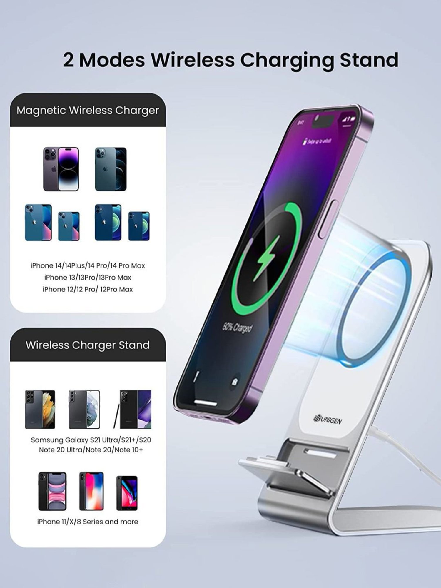 Unigen Audio Unistand Mag Safe Fast Charging Dock 15W Magnetic Charger (Grey)