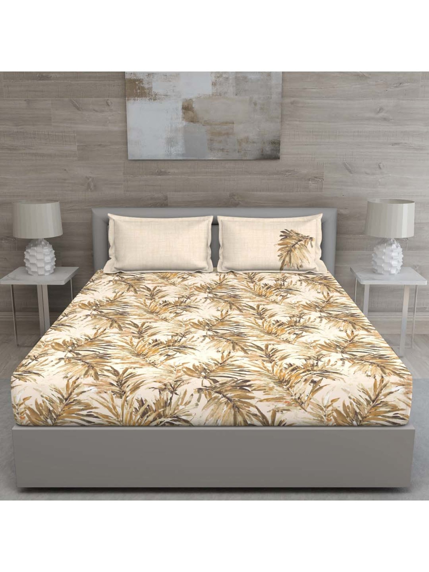 GM 'Matthiola' Brown & Beige Cotton 150 TC Double Bedsheet with 2 Pillow Covers