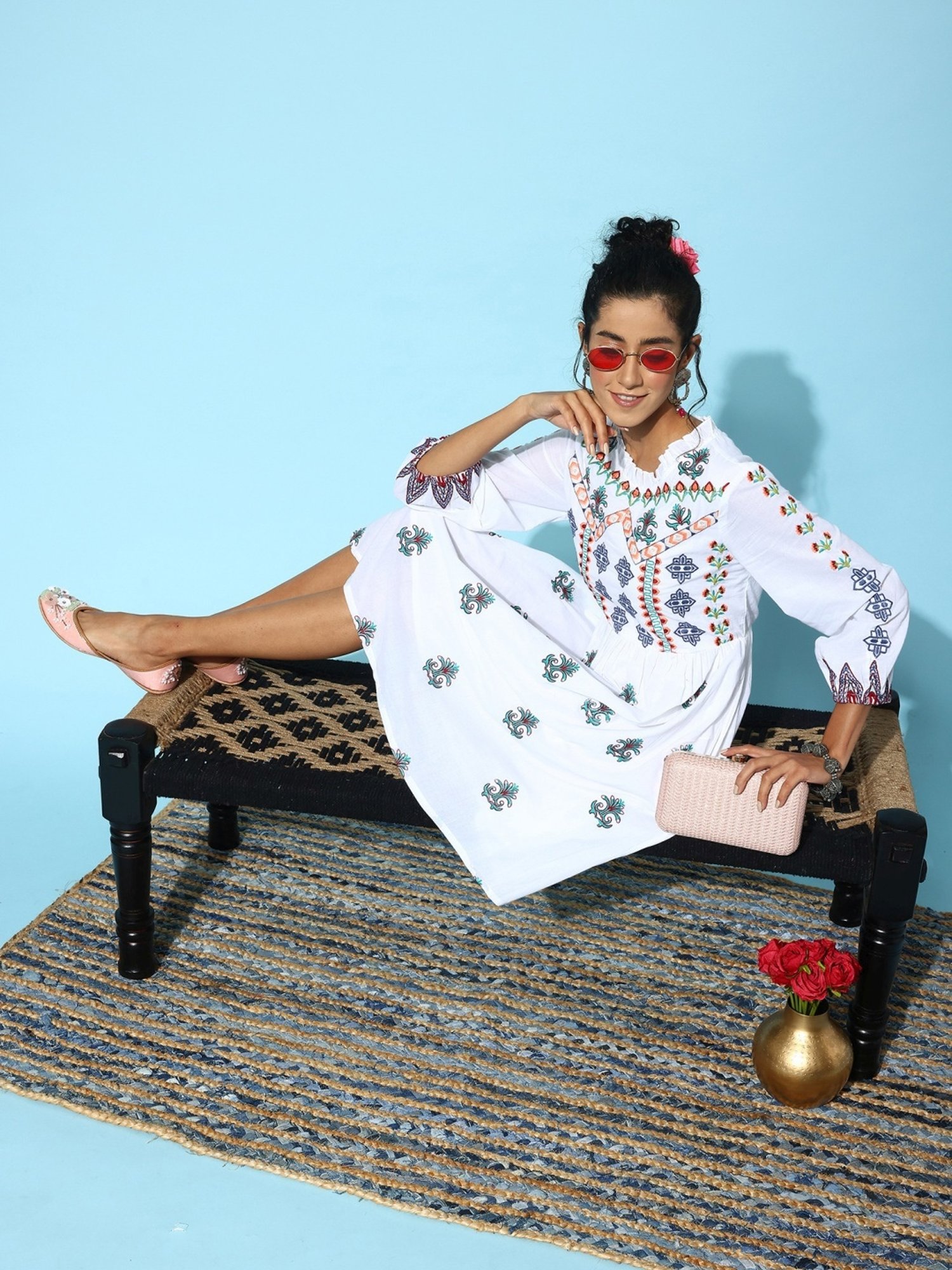 Saffron Threads Black Cotton Floral Print Ethnic Dress