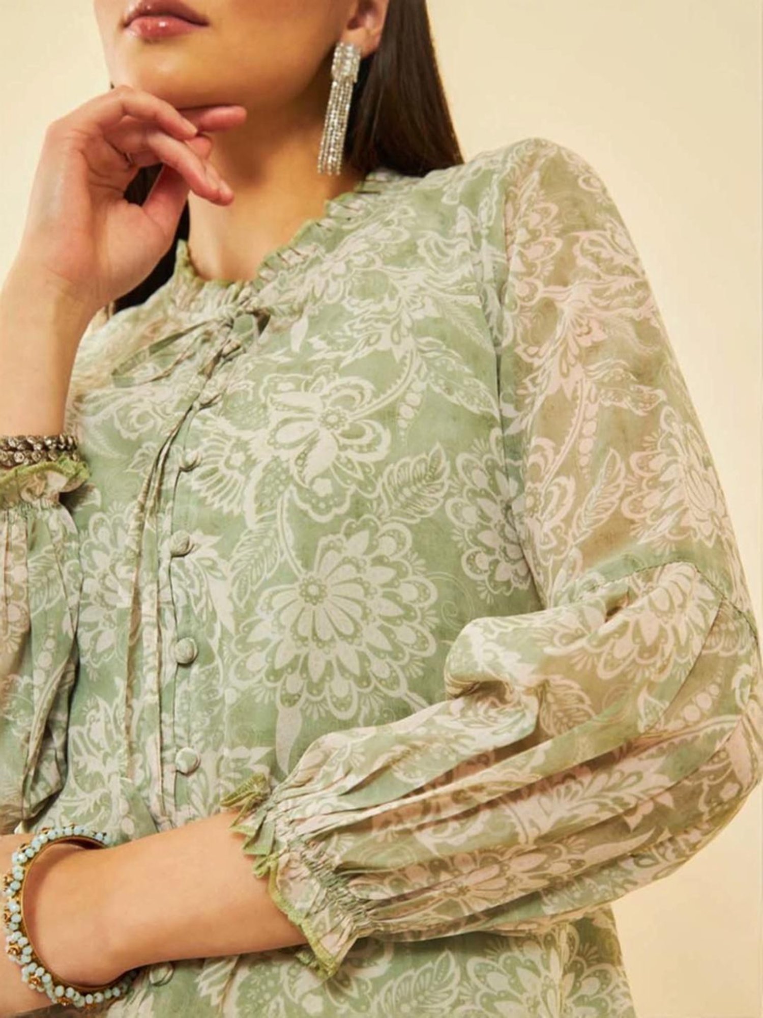 Soch Womens Sap Green Georgette Blend Floral Print Tunic With Ruffles