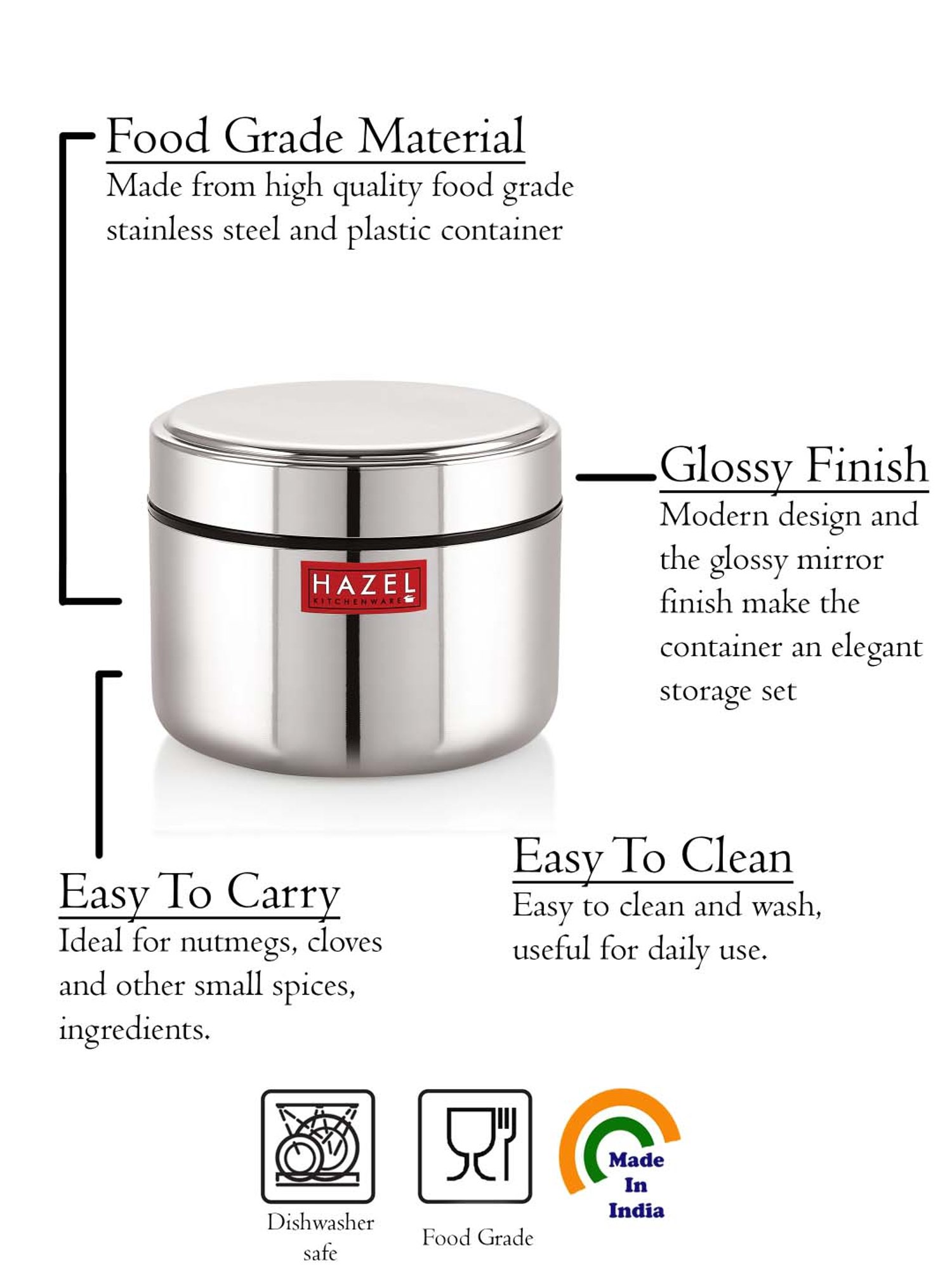 HAZEL Silver Stainless Steel Airtight Mini Storage Jar (500 ml) - Set of 1