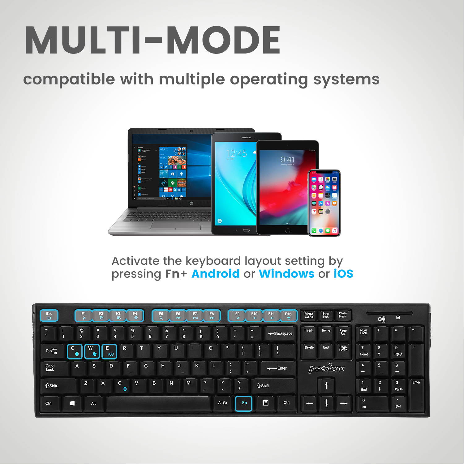 Perixx PERIBOARD-810 Wireless Bluetooth Standard Keyboard for Windows iOS Android System, Full-Size Layout, Black