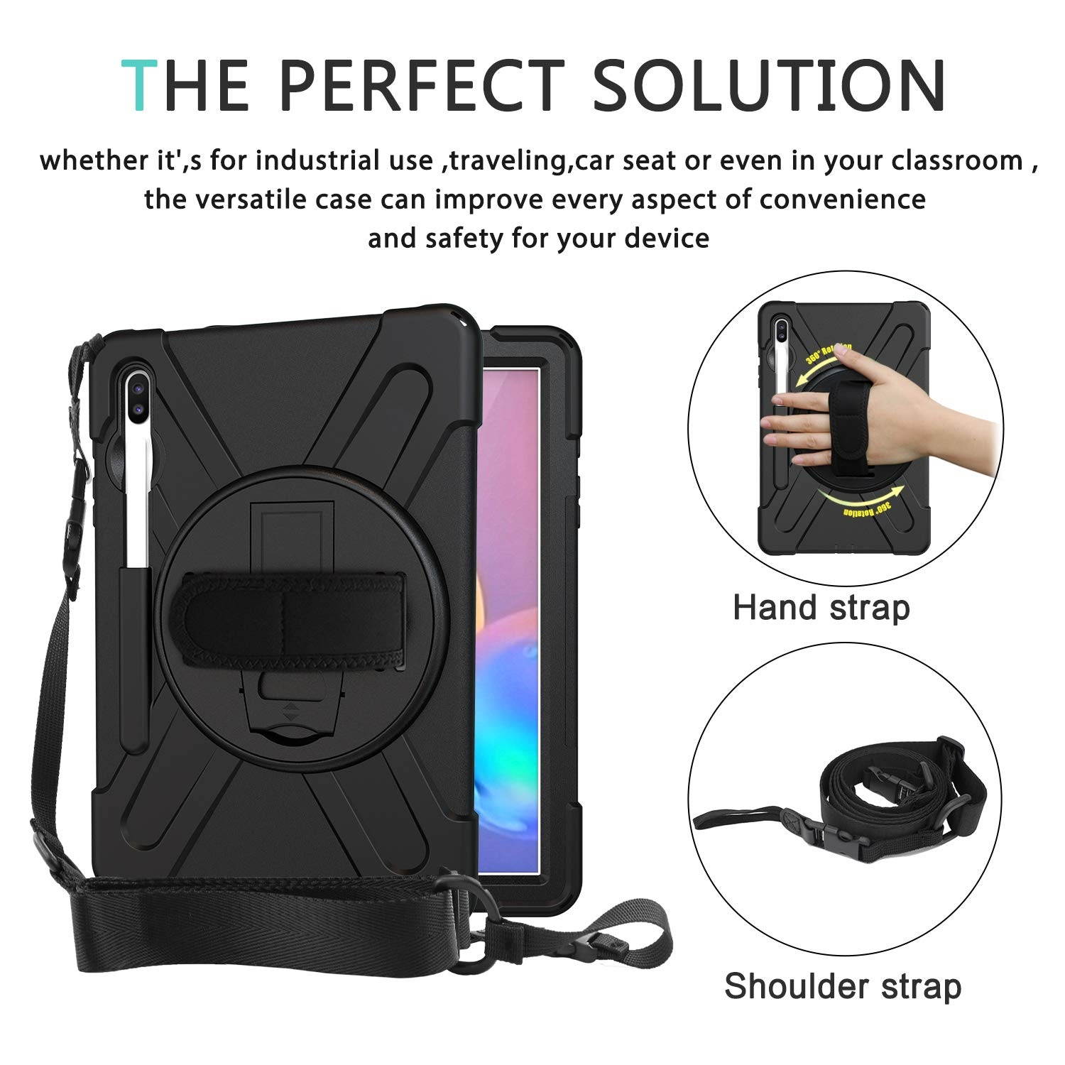 MoKo Case Fit Samsung Galaxy Tab S6 10.5, [Heavy Duty] Shockproof Full-Body Rugged 360 Degree Rotating with Shoulder Strap Stand Cover for Galaxy Tab S6 10.5" SM-T860/T865 2019 Tablet - Black