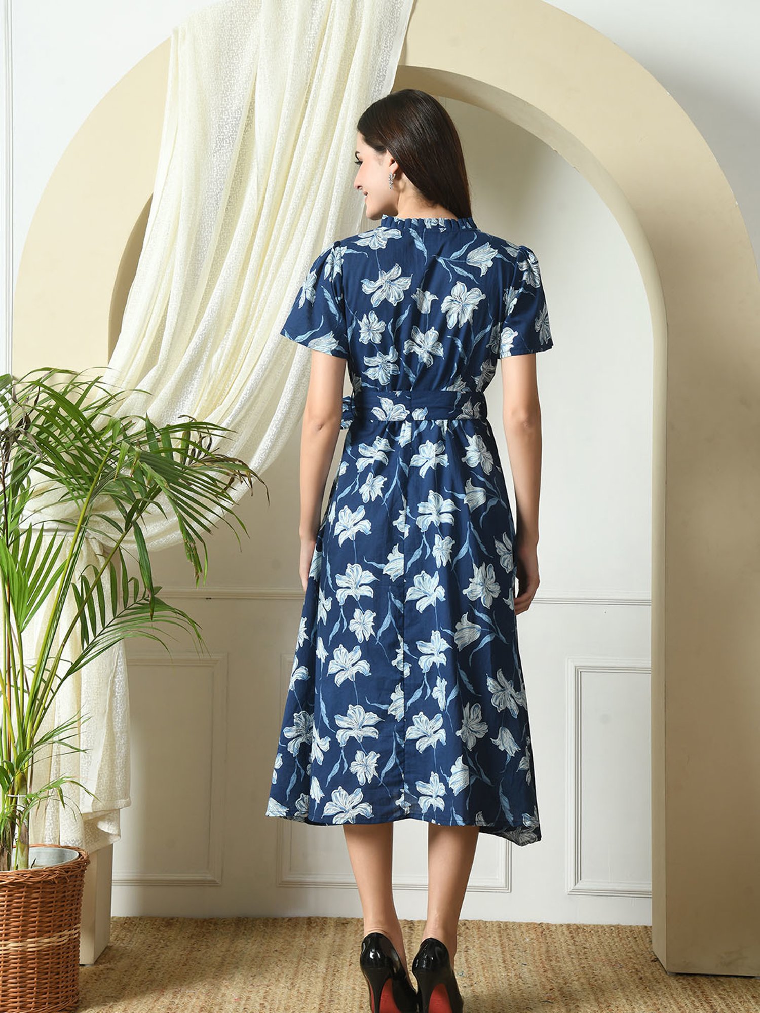 DECKEDUP Indigo Cotton Floral Print Wrap Dress