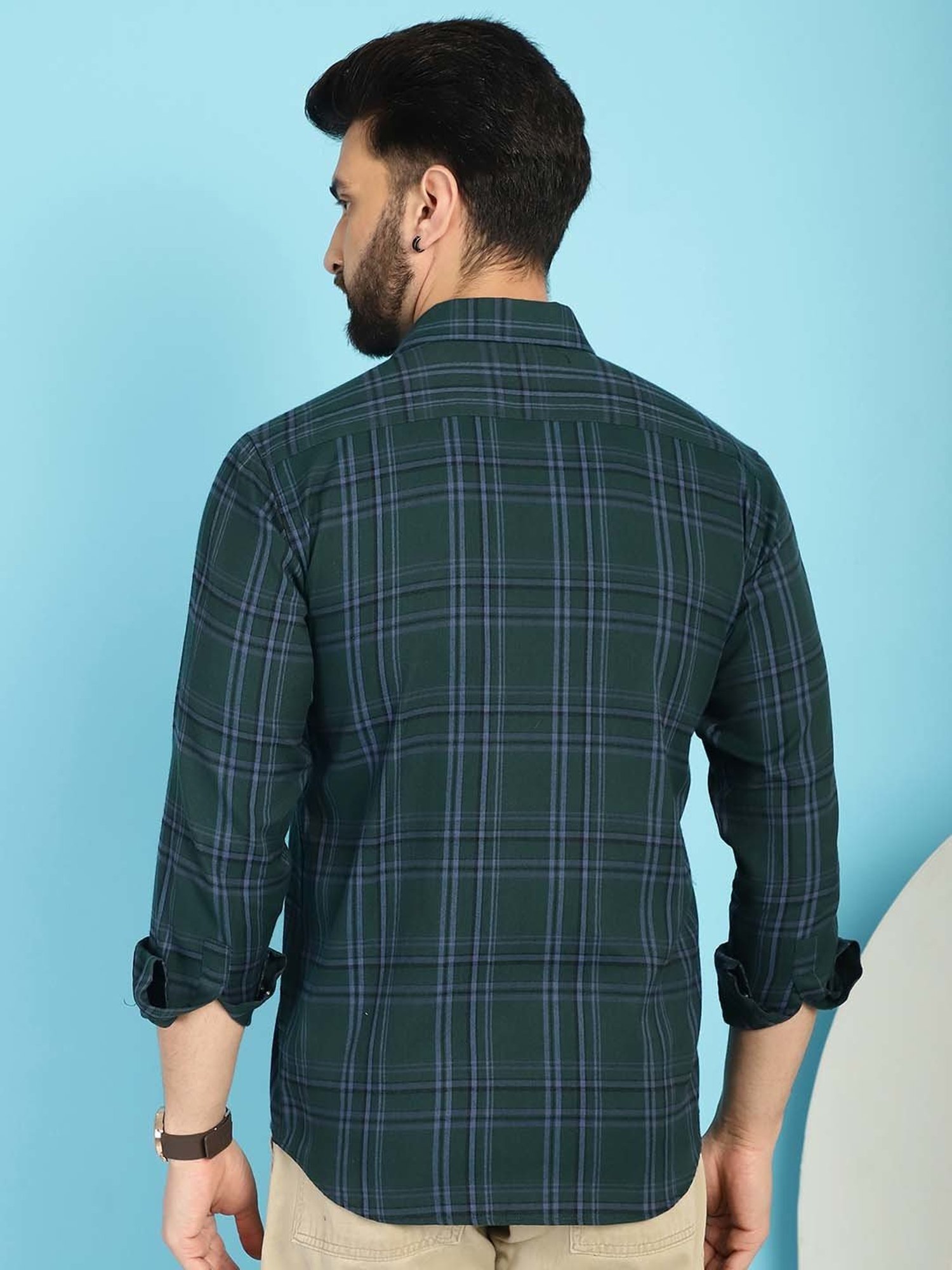 Indian Needle Dark Green Regular Fit Check Cotton Shirt