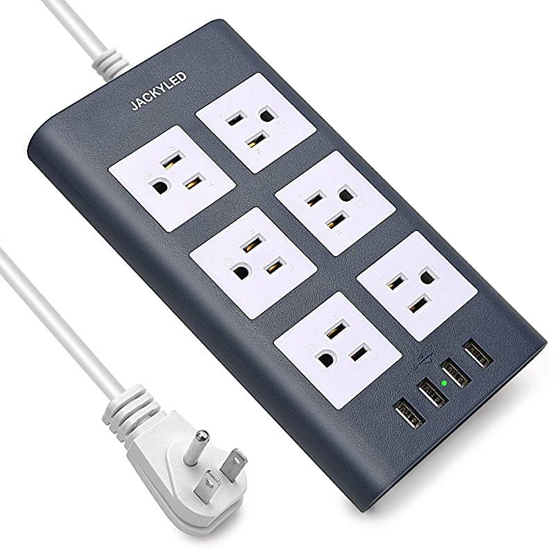 Long Extension Cord Surge Protector JACKYLED 15A Power Strip Flat Plug 6 Outlets 31A 4 USB Ports Fast Charging Fireproof Electric Outlet Desktop Charger for Home Office Kitchen Blue White