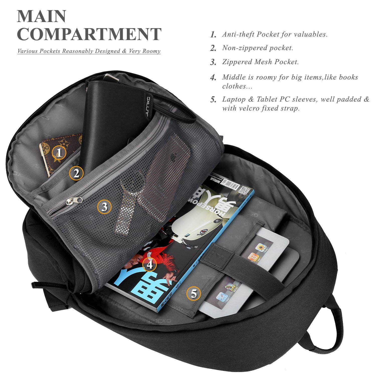 SOCKO Laptop Backpack 15.6 Inch, Ultra Lightweight Slim Water Resistant Casual Daypack Travel Business Backpack School Student Bag College Backpack for 13,14,15-Inch Laptops / MacBook Computers,Black