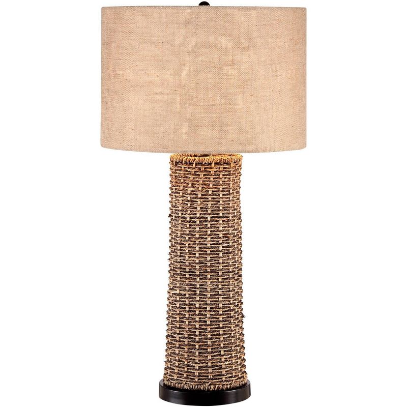 360 Lighting Coastal Table Lamp Woven Seagrass Burlap Drum Shade for Living Room Family Bedroom Bedside Nightstand Office