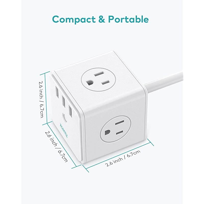 Power Strip Cube White with USB 4 Outlet and 3 USB Ports Surge Protector Power Strip Flat Plug with 5 ft Extension Cord Overload Protection Switch Control Compact for Desktop Office Home
