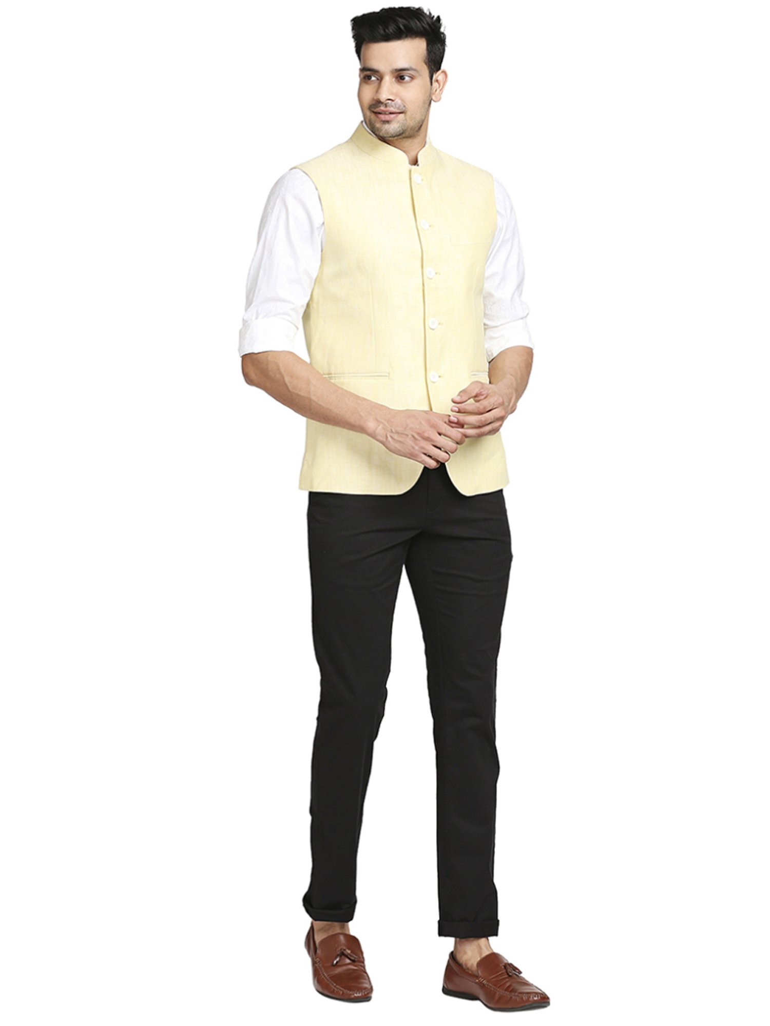 Colorplus Yellow Tailored Fit Self Pattern Nehru Jacket