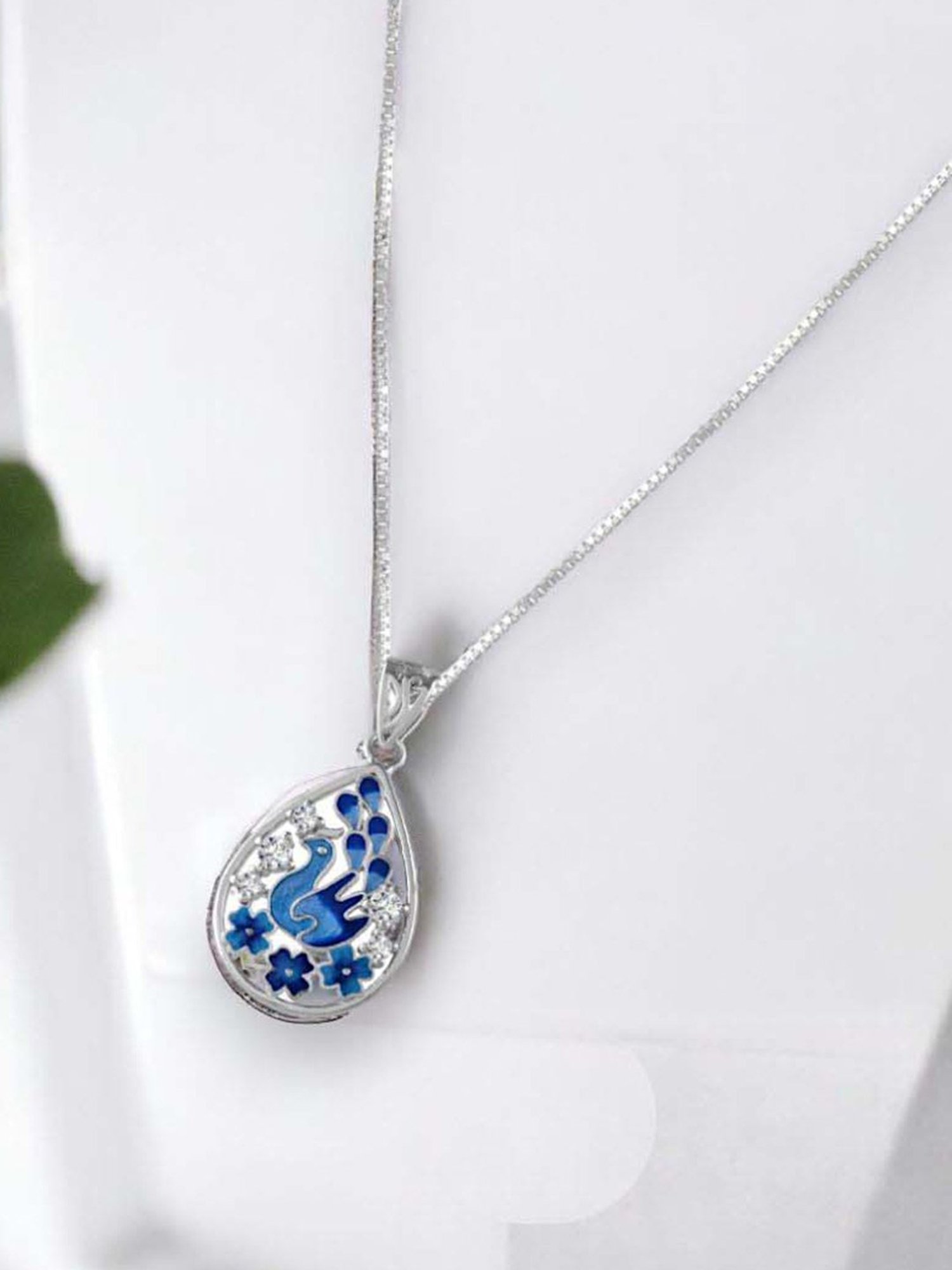Rihi by P.C. Chandra Jewellers 925 Silver Blue Teardrop Peacock Pendant with Chain for Women & Girls