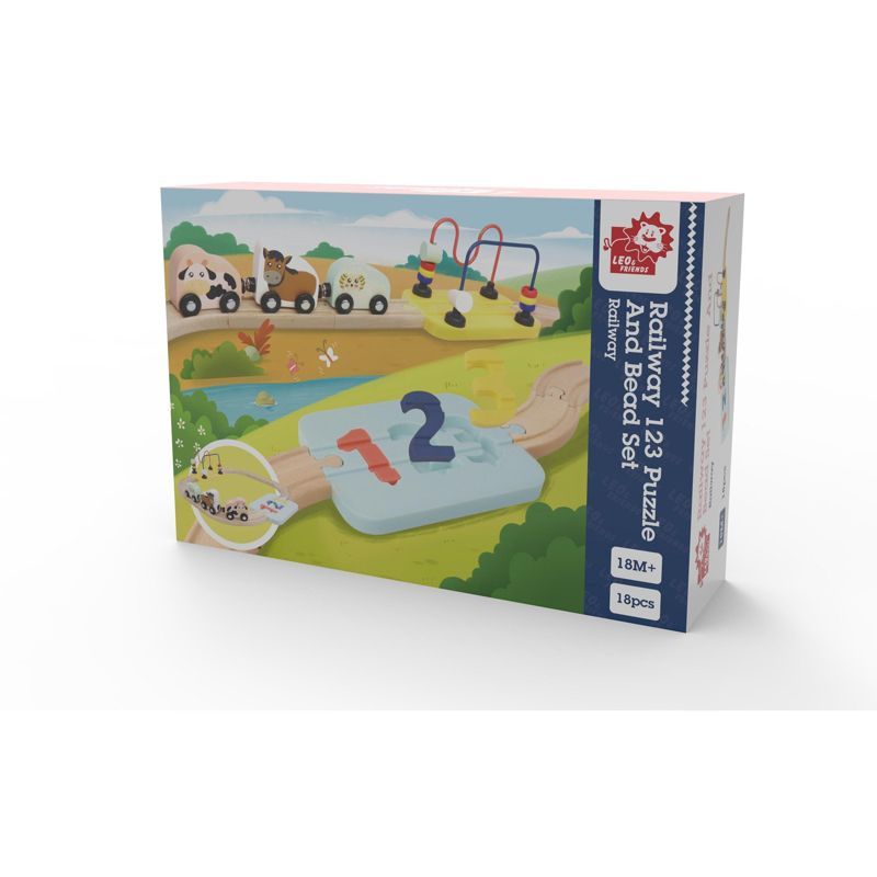 Leo & Friends Wooden Railway 123 Puzzle and Bead Set 18-Pieces