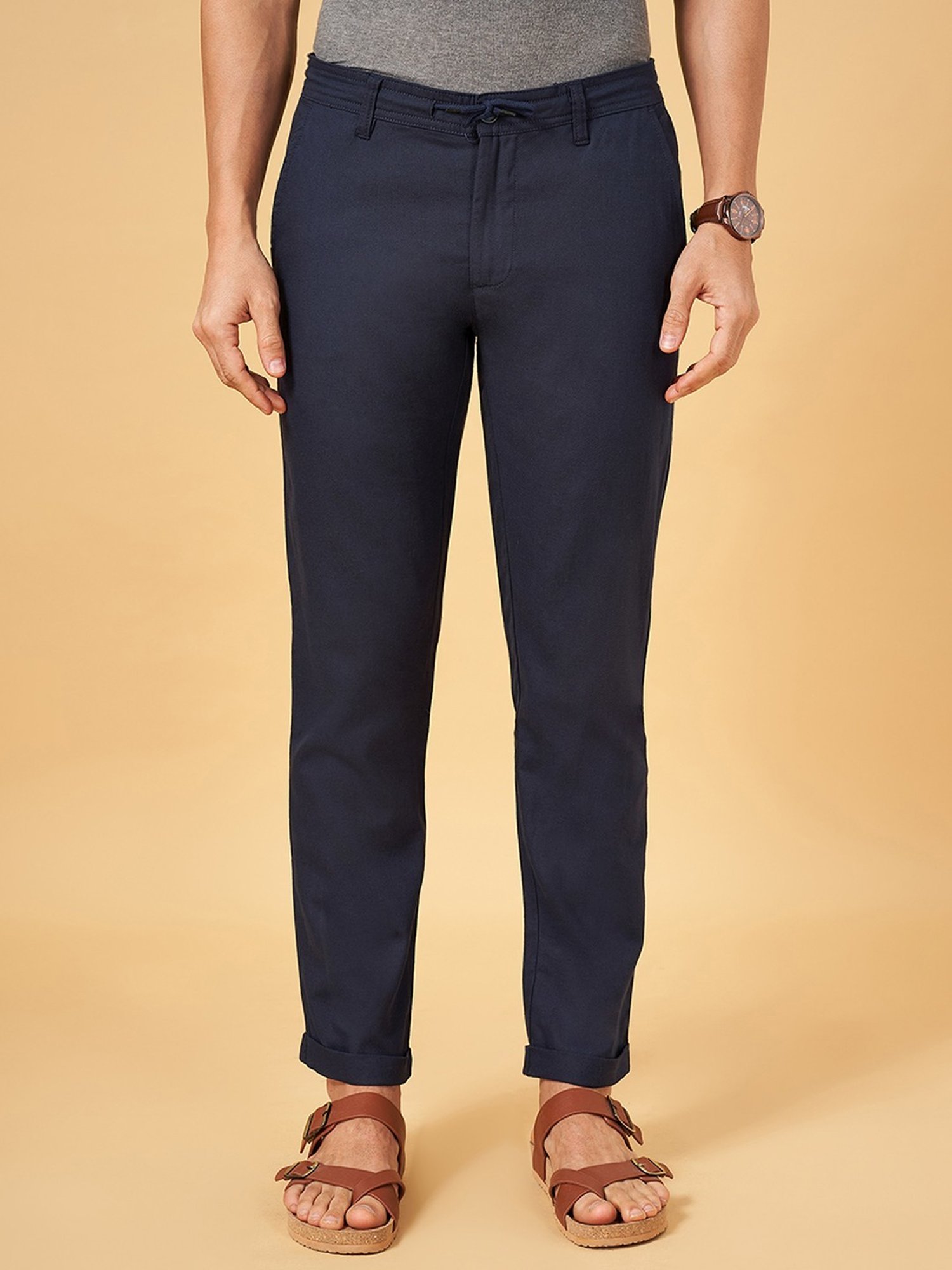 Indus Route by Pantaloons Dark Navy Cotton Regular Fit Trousers