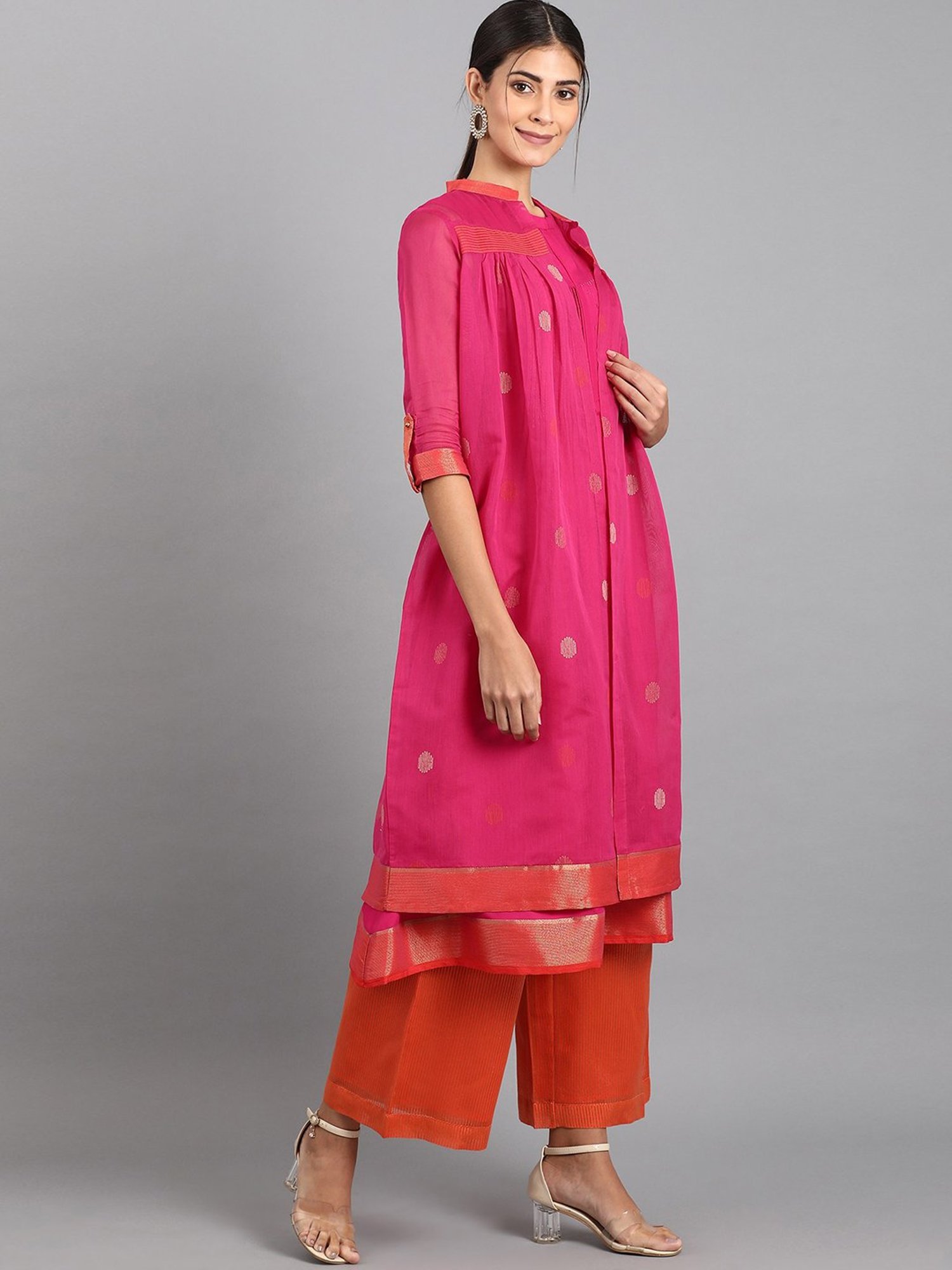 W Pink & Orange Solid Kurti Palazzo Set With Jacket