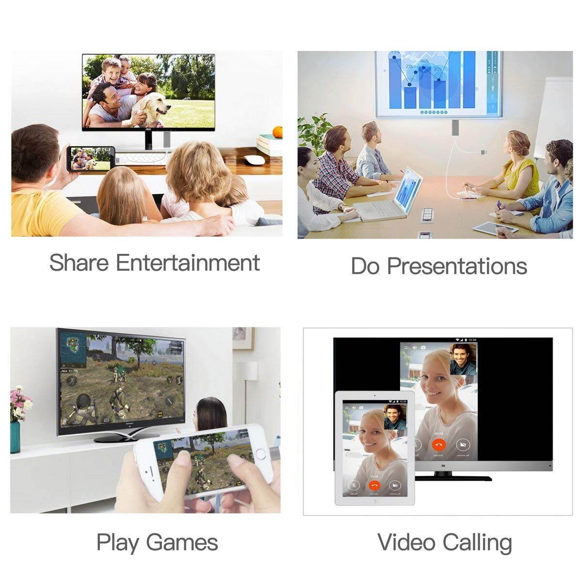 ESTONE 3 in 1 HDMI Cable Adapter,GrayRabbit 1080P USB/Type-C to HDMI Adapter Mirror Mobile Phone Screen to TV/Projector/Monitor Compatible with S8/9 Note 8/9 and More Android Devices-Black