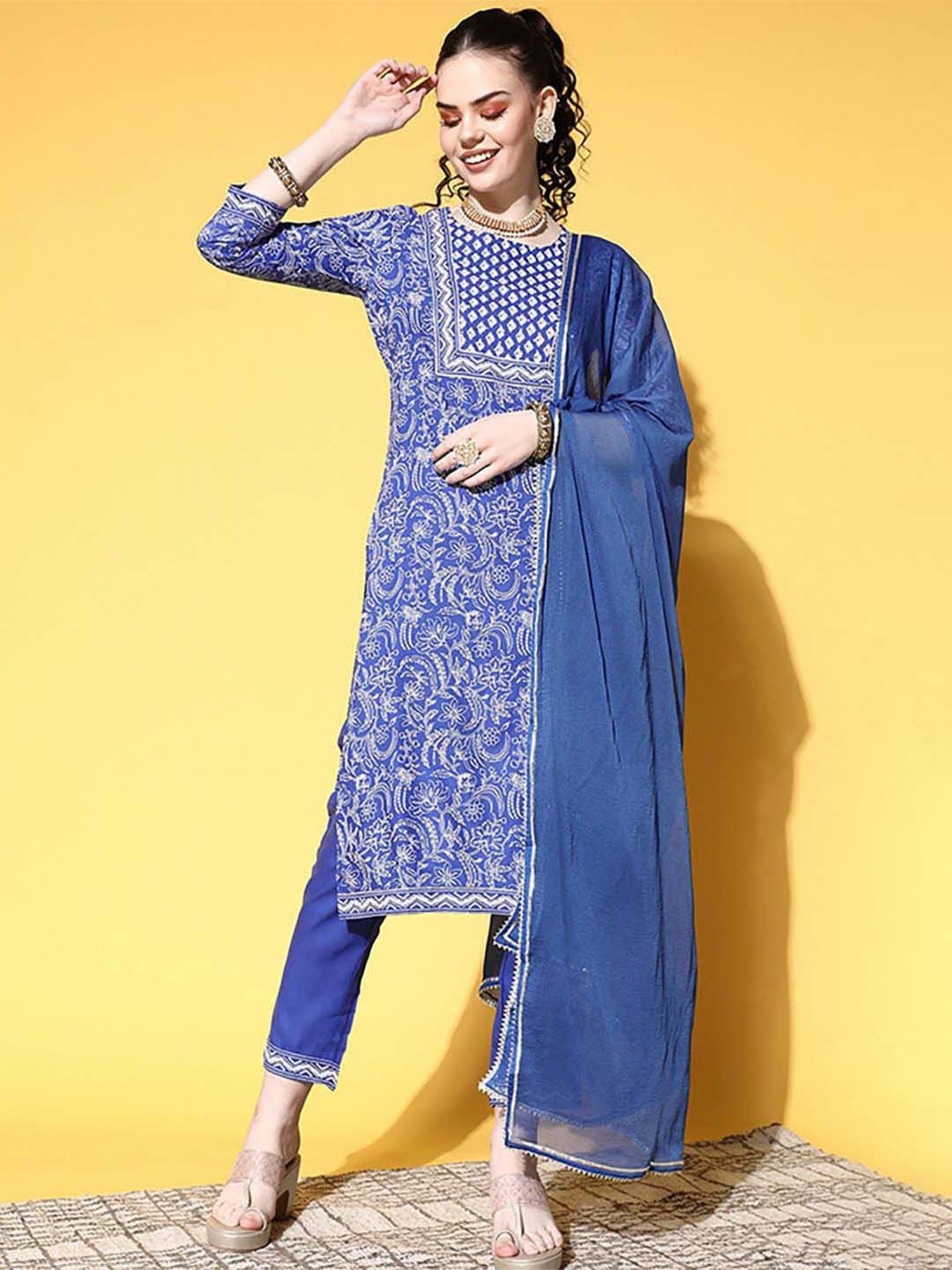 Ishin Blue Cotton Printed Kurta & Pant Set With Dupatta