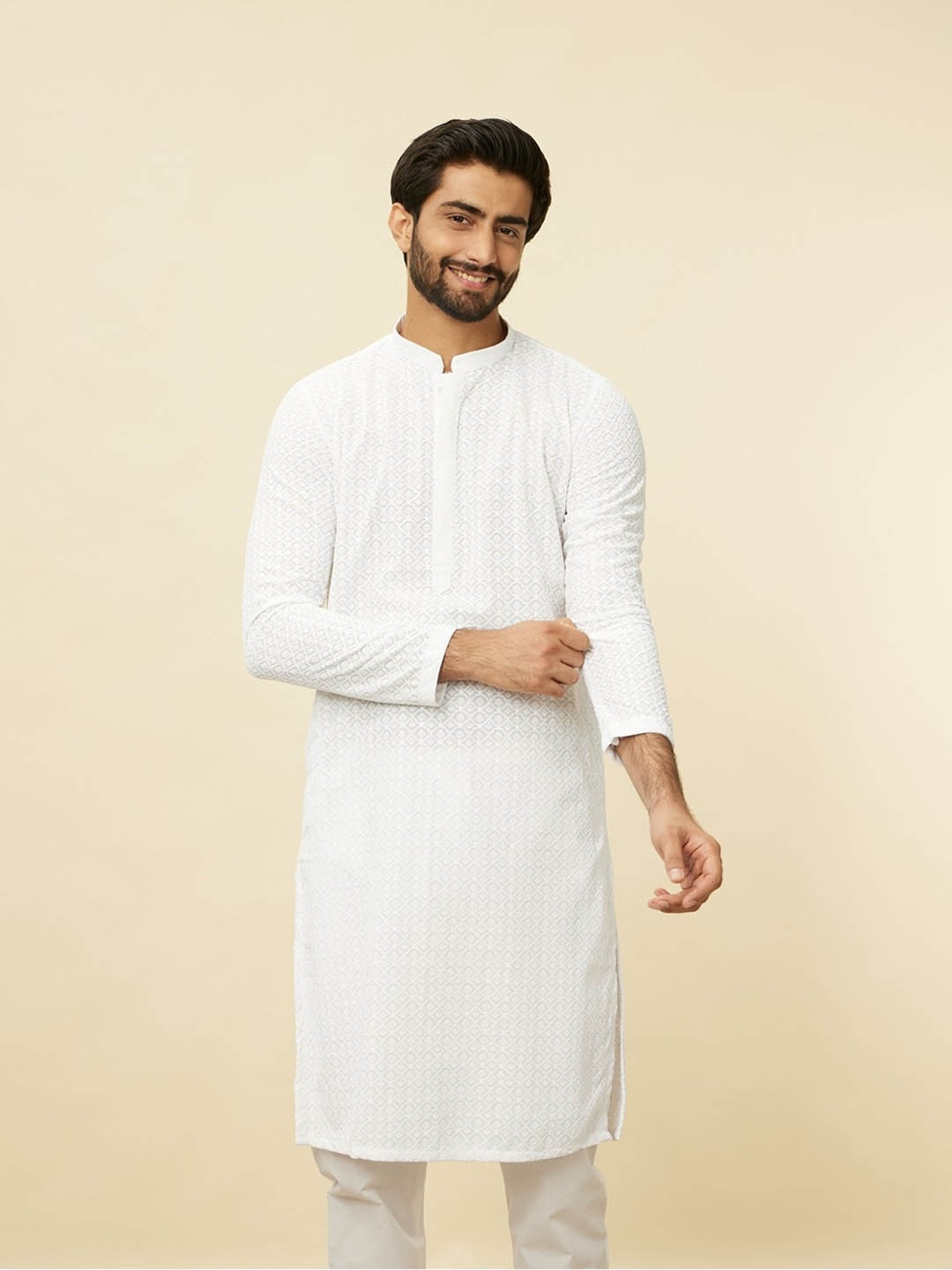 Manyavar White Regular Fit Embroidered Kurta Bottom Set