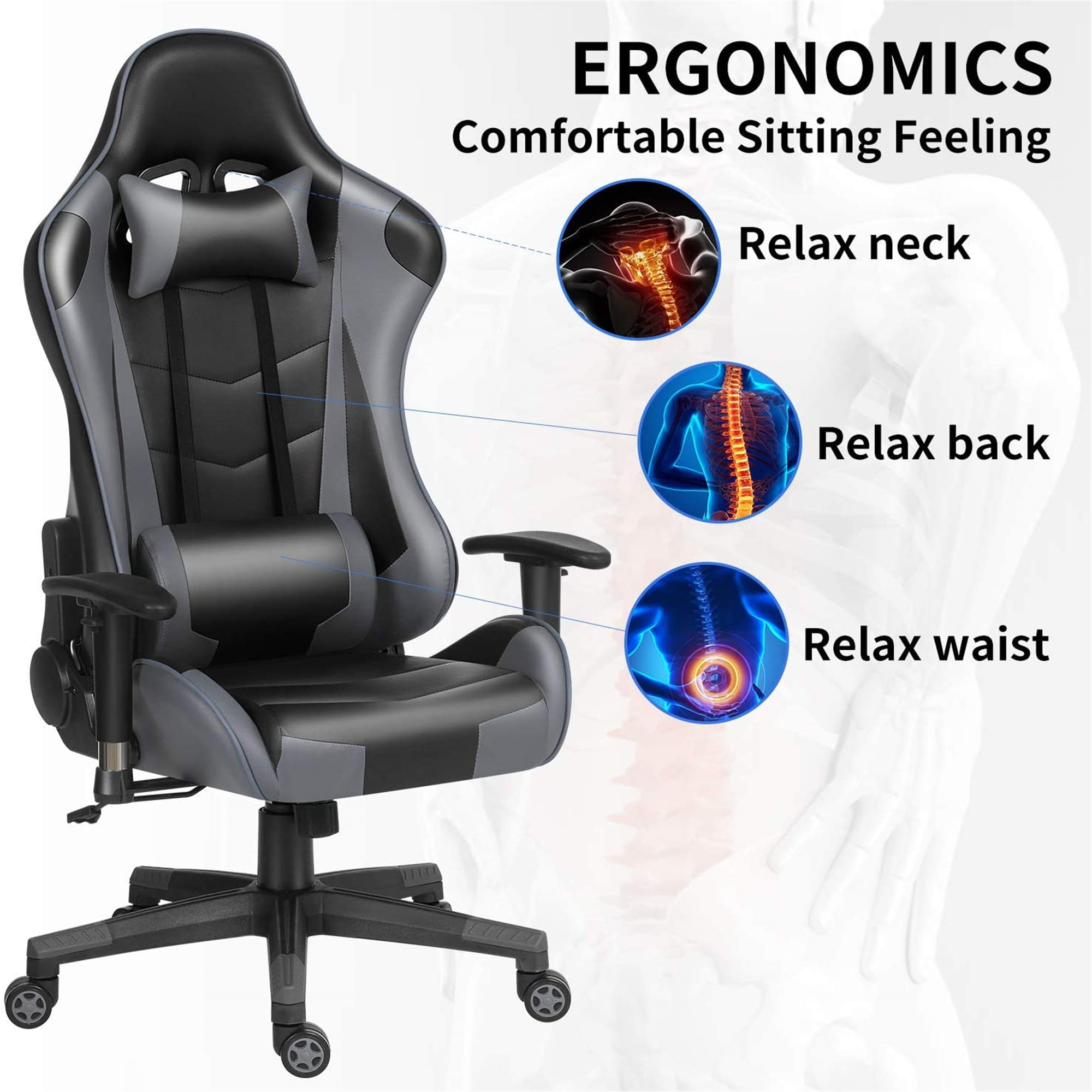 Ergonomic Gaming Chair Racing Chair E-Sports Chair Home Office Chair Computer Game Chair Backrest and Seat Height Adjustable Chair with PU Leather Lumbar Support and Headrest