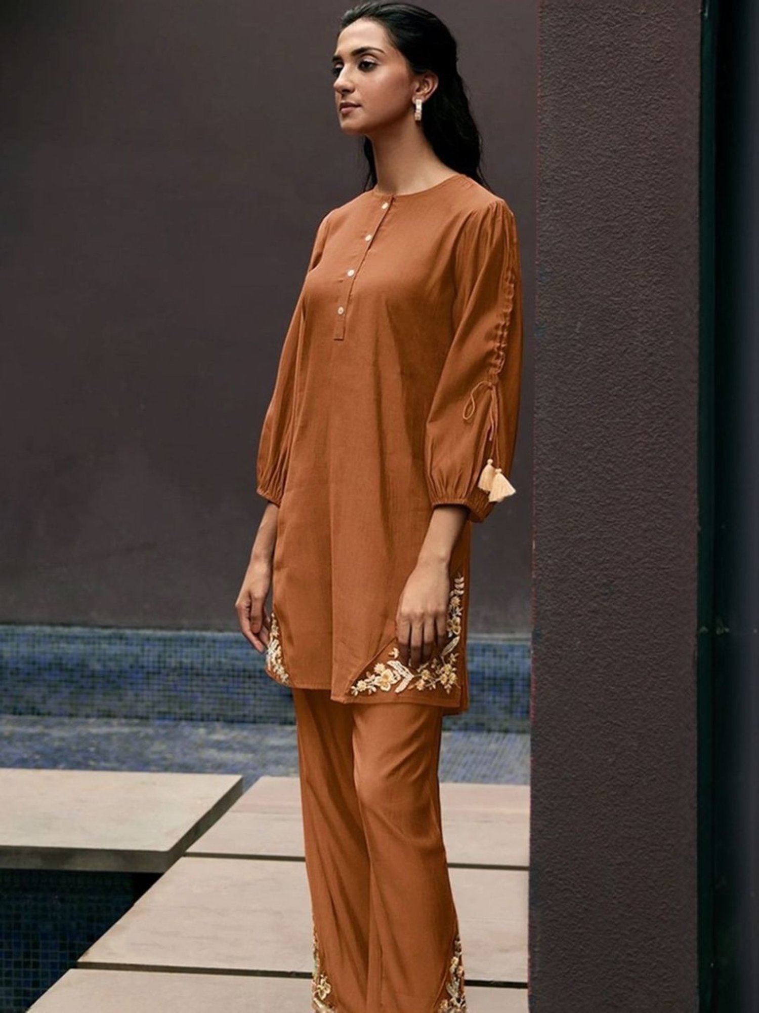 Autumnlane Bhumi Brown Embroidery Tunic with Pant Co-ord Set