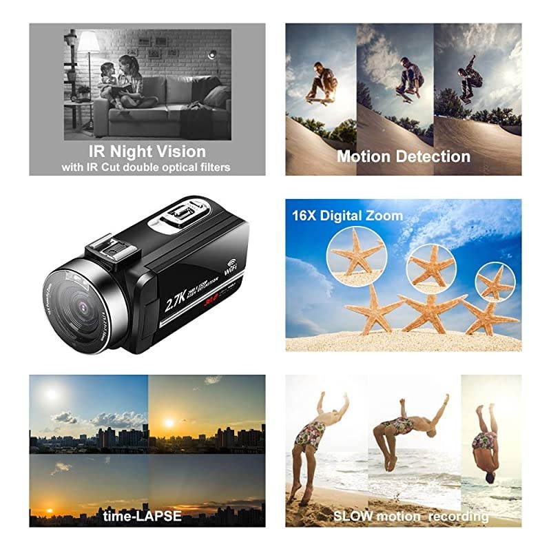 Camera Camcorder,Ultra HD 2.7K Vlogging Camera 30FPS 30MP 16X Digital Zoom 3.0 Inch Rotatable WiFi Camcorders with Microphone IR Night Vision&Time-Lapse