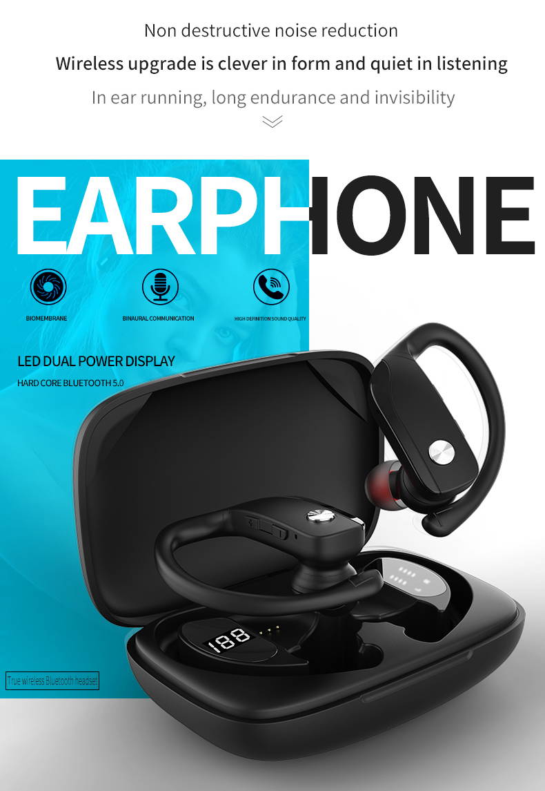 Wireless Bluetooth 5.0 Earphones Sport Ear-hook TWS Earbuds LCD Digital Display Gaming Headphone Long Standy