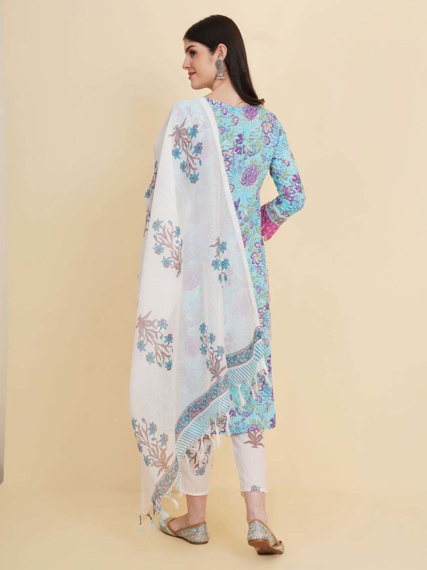 Odette Blue Floral Print Kurta & Pant Set with Dupatta