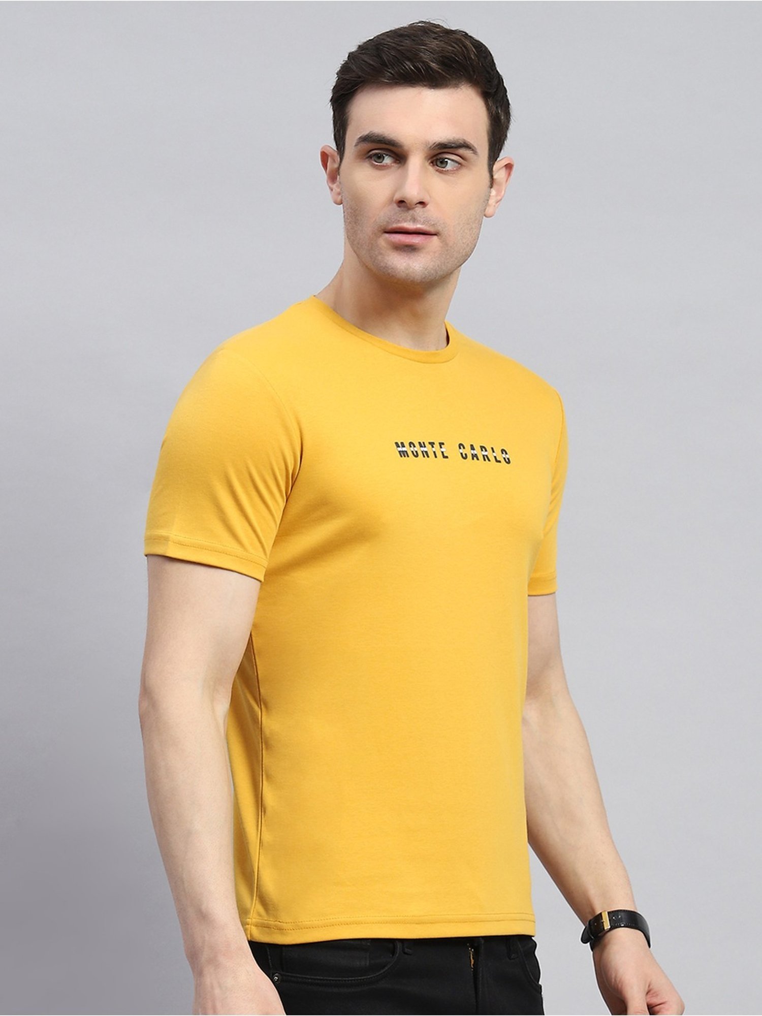 Monte Carlo Mustard Cotton Regular Fit T-Shirt