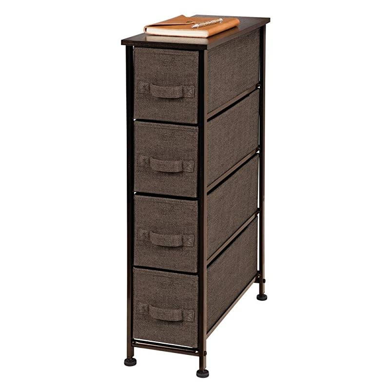 Narrow Vertical Dresser Storage Tower Sturdy Steel Frame Wood Top Easy Pull Fabric Bins Organizer Unit for Bedroom Hallway Entryway Closet Textured Print 4 Drawers Espresso Brown