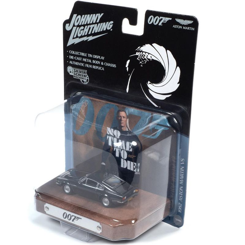 1987 Aston Martin V8 Cumberland Gray & Collectible Tin Display 007 James Bond "No Time to Die" 2021 Movie 1/64 Johnny Lightning