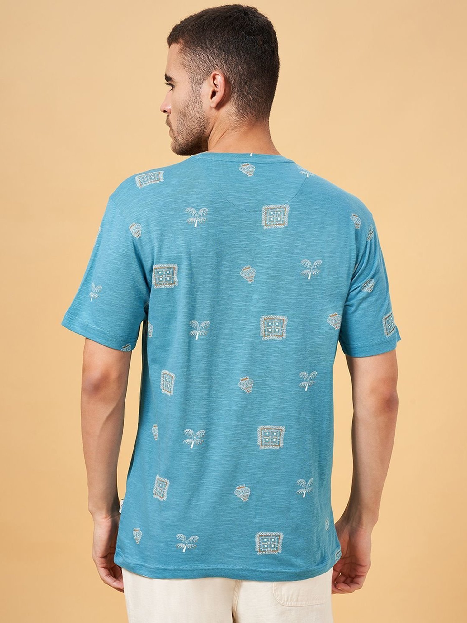 7 Alt by Pantaloons Teal Cotton Relaxed Fit Printed T-Shirt