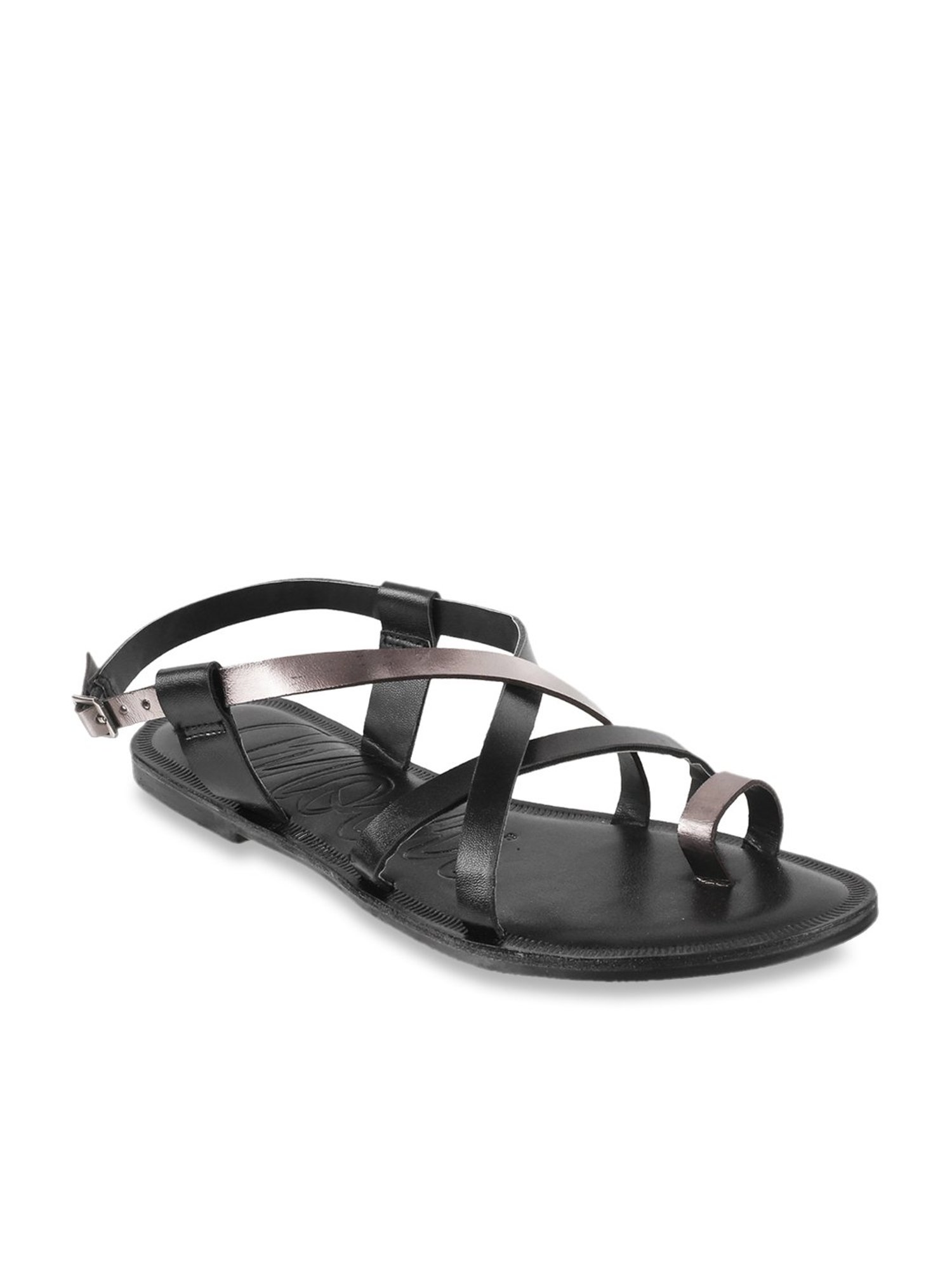 Mochi Women's Black & Gun Metal Toe Ring Sandals
