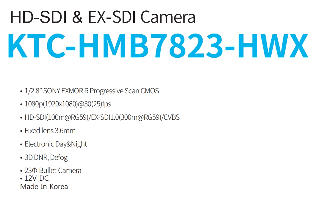KTnC KTC-HMB7823-HWX HD-SDI, EX SDI bullet camera Full 1080p 2 Megapixel, 3.6mm lens, Sony CMOS, OSD joystick ( New Version of KPC-HDB230M )