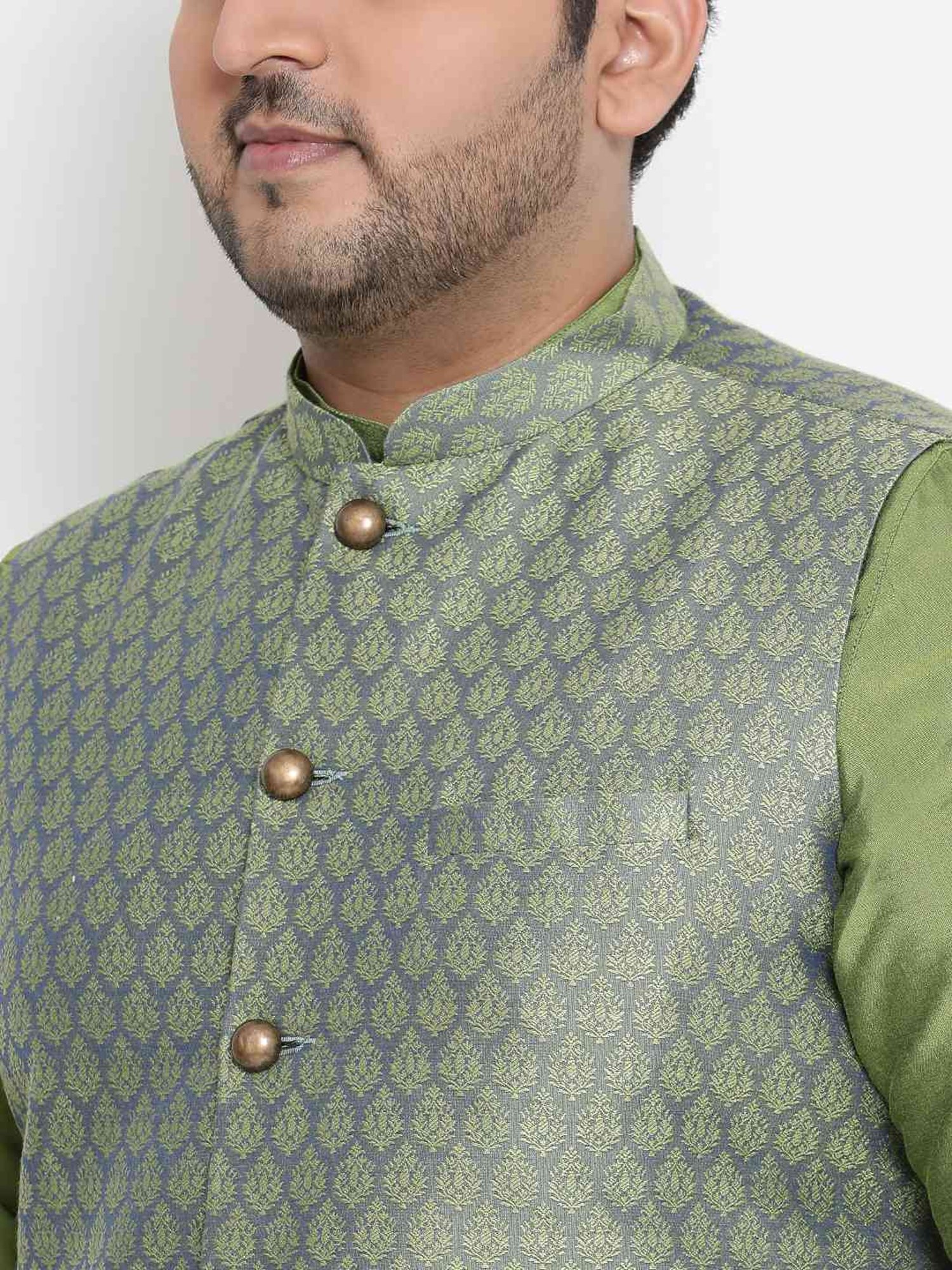 KISAH PLUS Green Regular Fit Jacquard Nehru Jacket