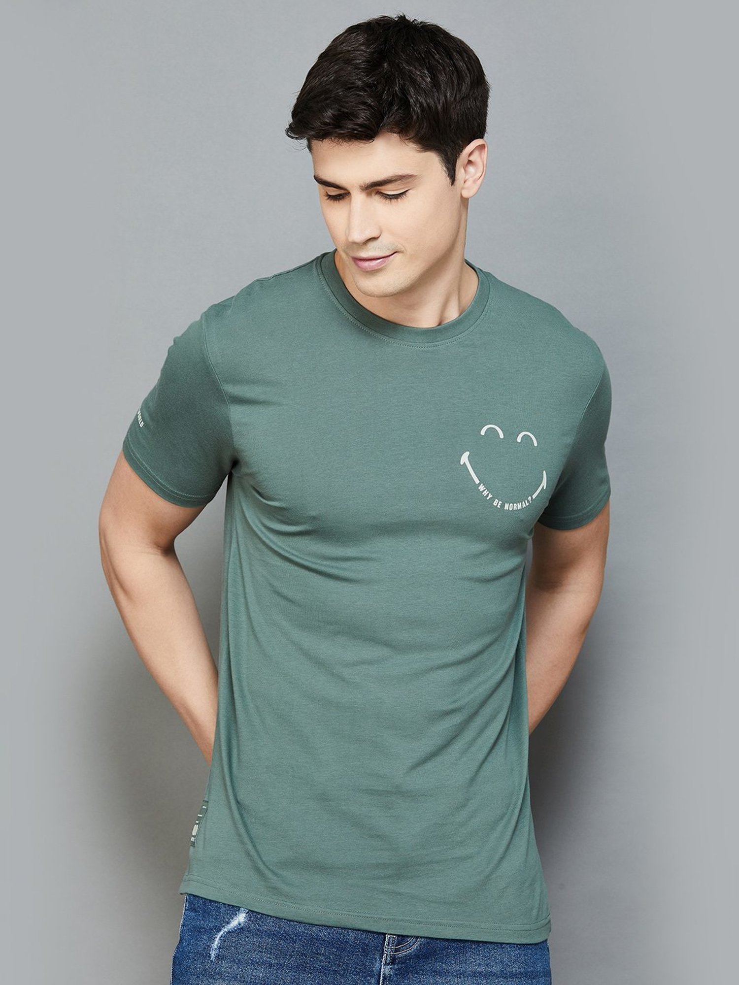 SmileyWorld Olive Cotton Regular Fit Printed T-Shirt