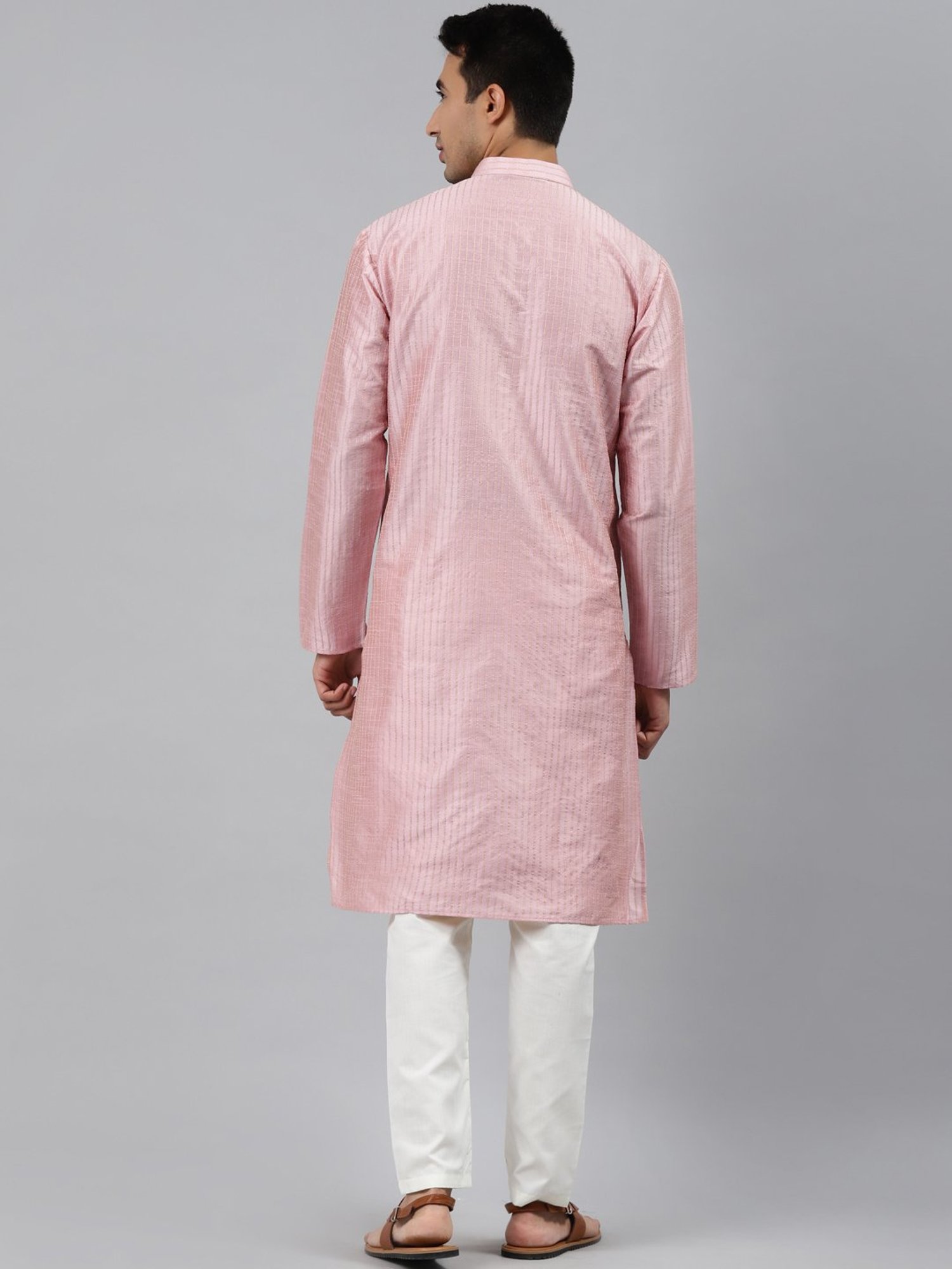 ManQ Pink Regular Fit Striped Ethnic Wear