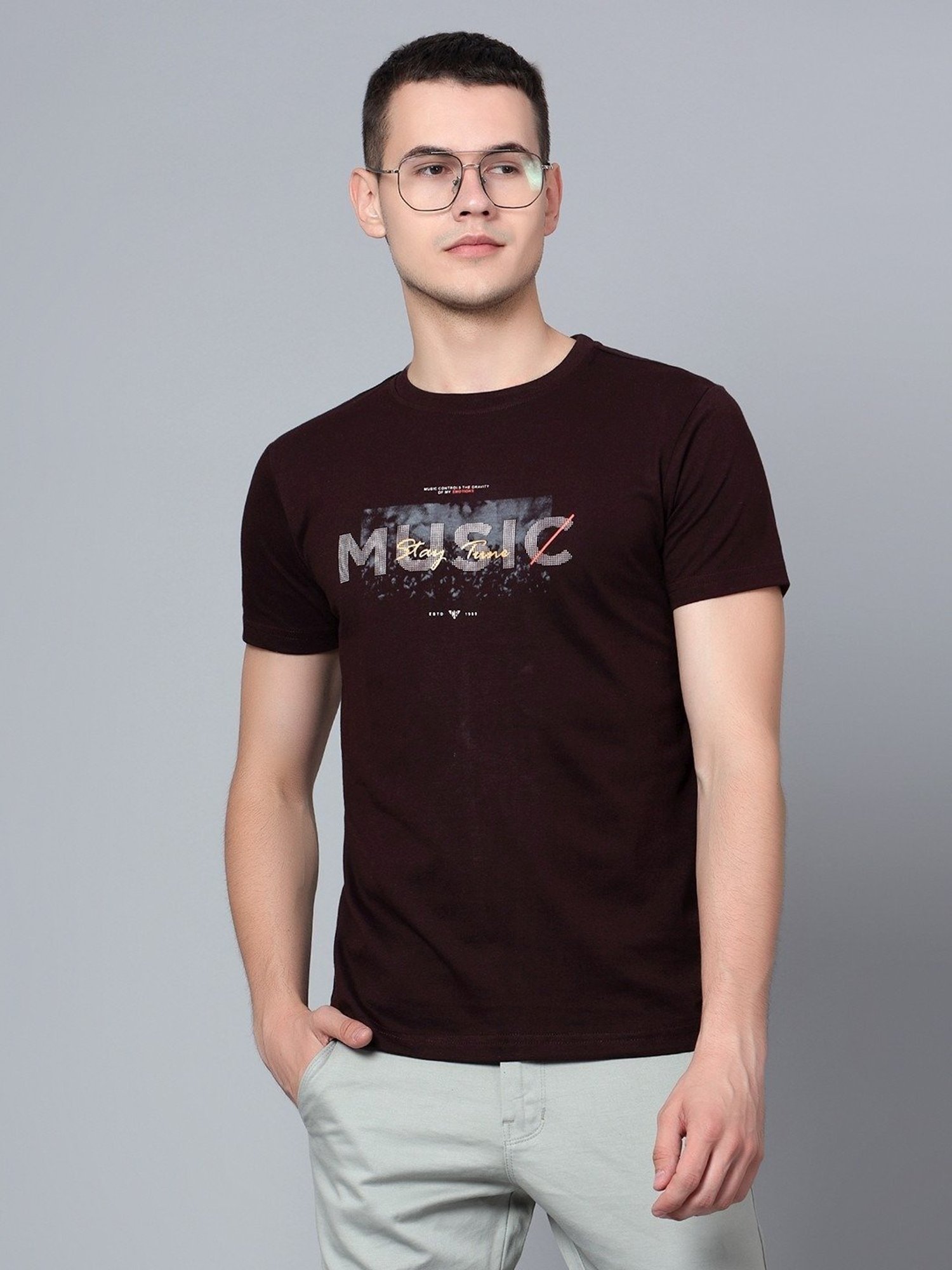 Cantabil Wine Cotton Regular Fit Printed T-Shirt