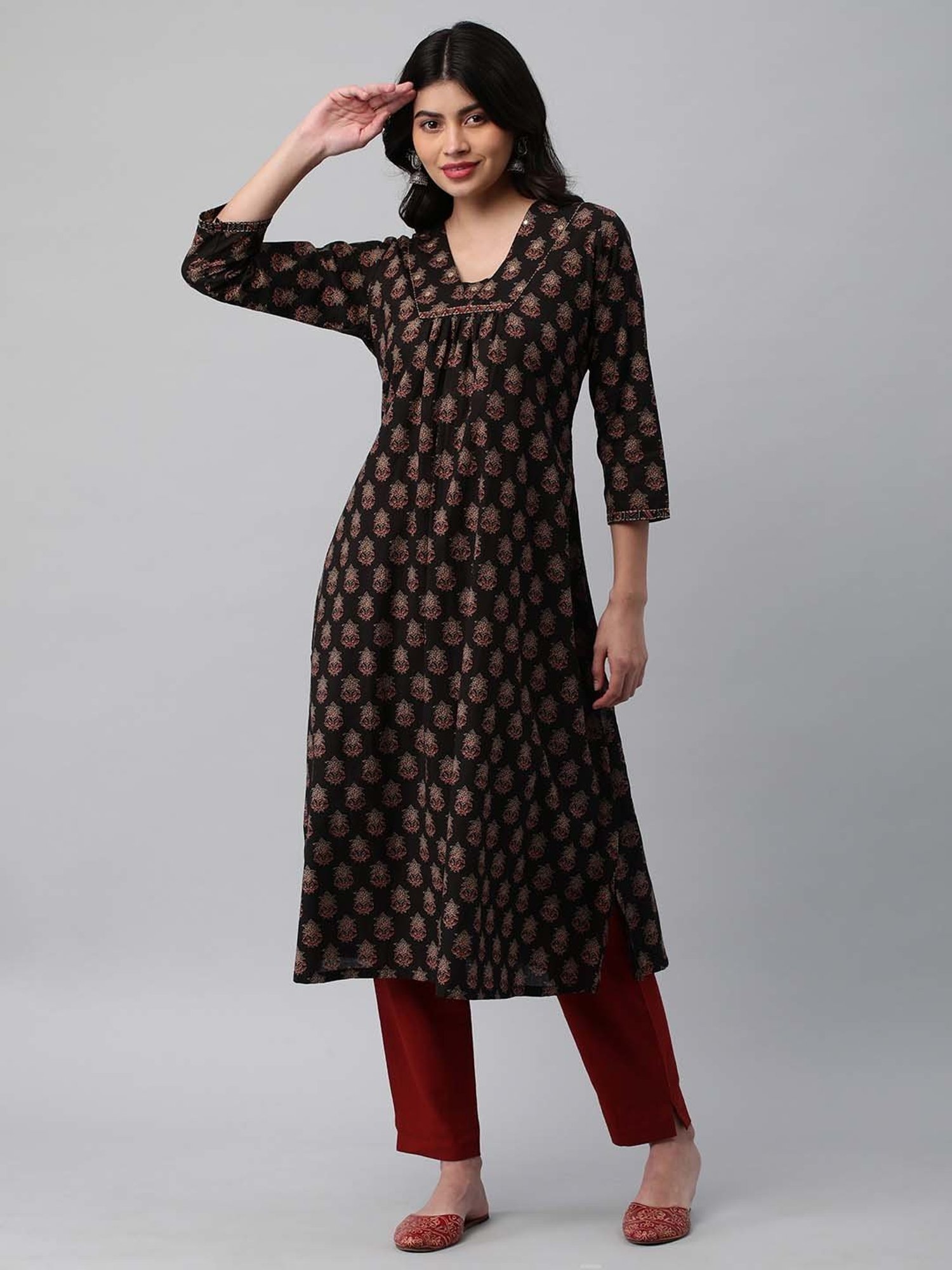 Kami Kubi Black Cotton Embroidered A Line Kurta