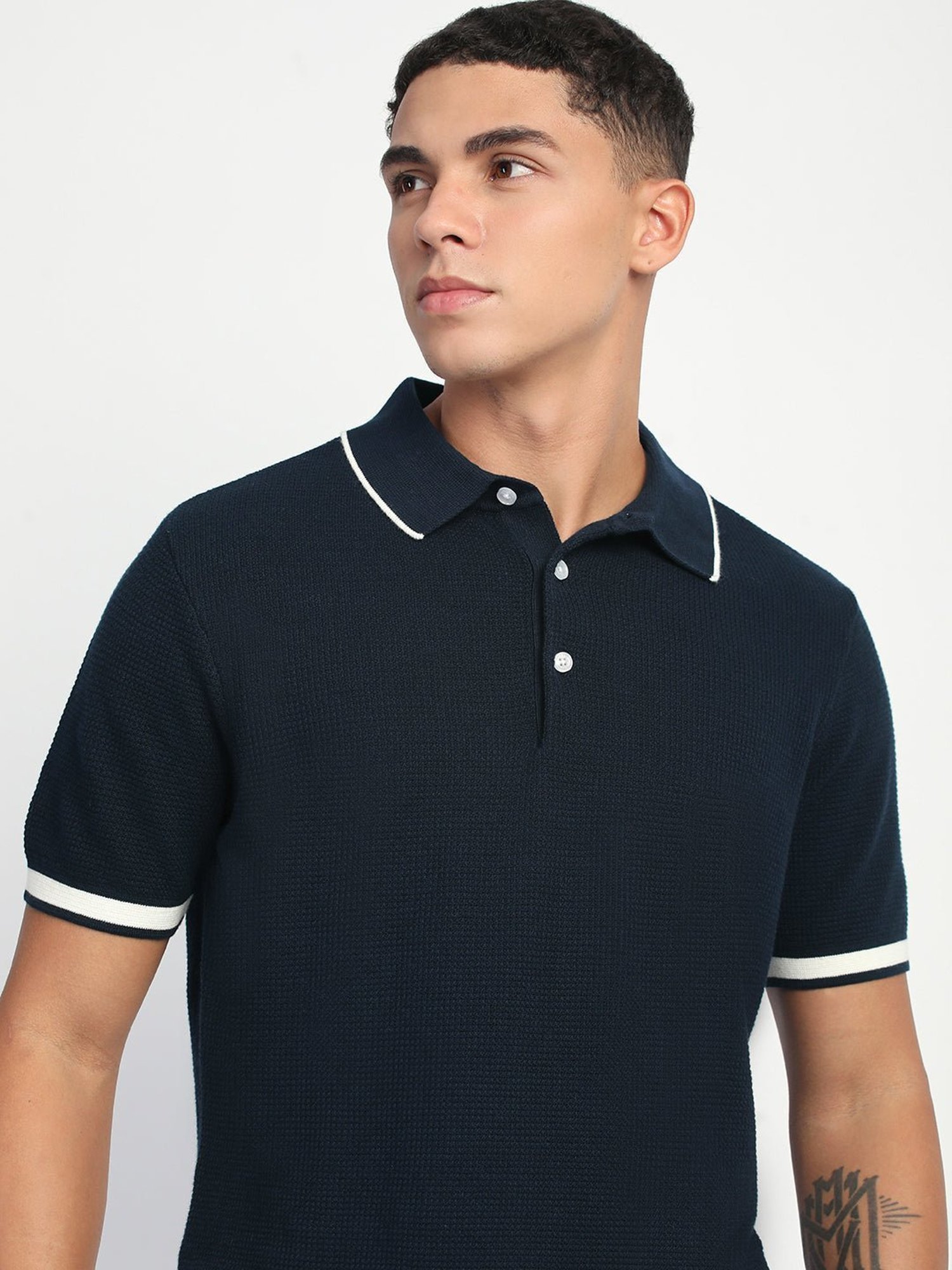 The Bear House Blue Cotton Regular Fit Self Pattern Polo T-Shirt