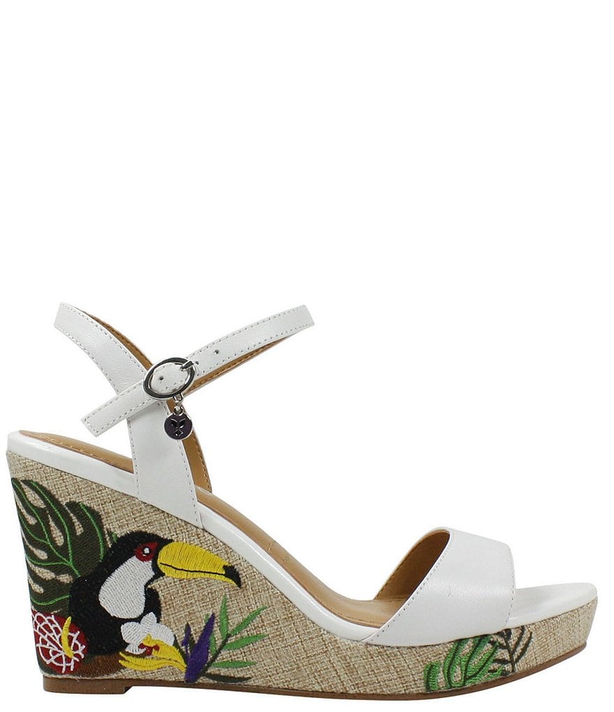 J. Renee Triella Leather Toucan Embroidered Platform Wedge Sandals