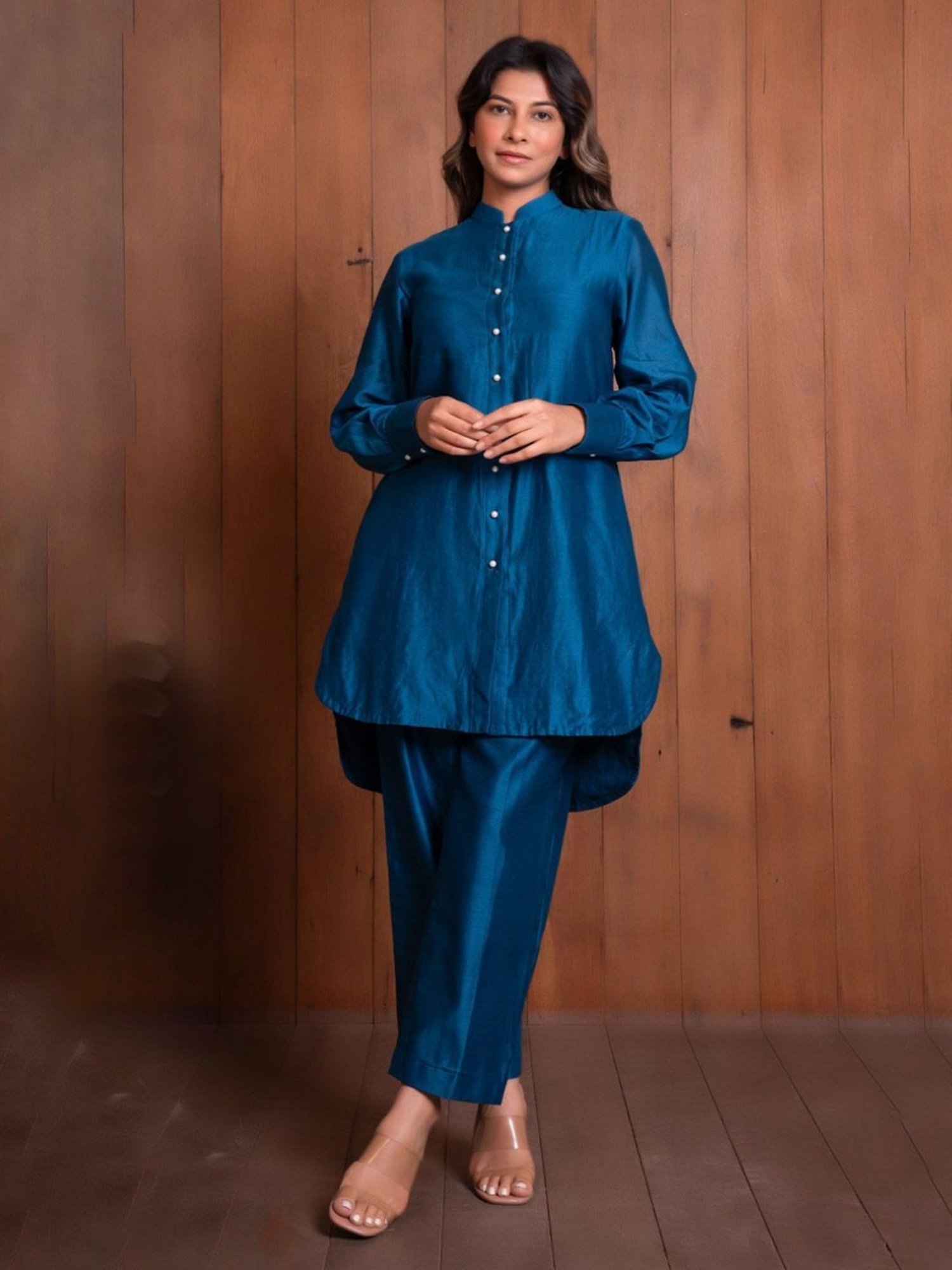 Eeshva India Blue Solid Chanderi Kurta with Pant