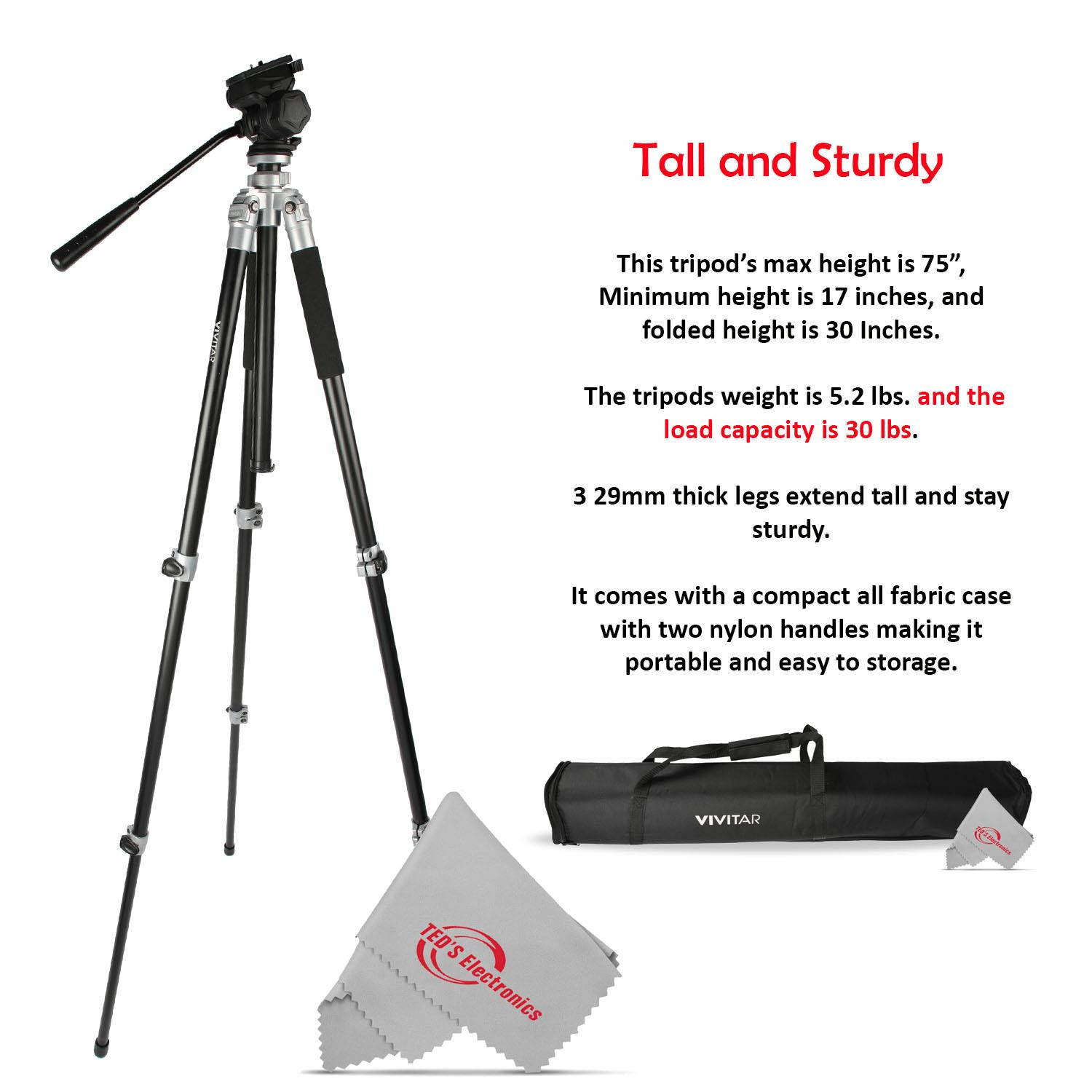 Vivitar Cinema 71 Inch Aluminum Alloy Tripod 360&deg; Fluid Head with Pan Tilt and Elevation Locks 30 LB Load Capacity