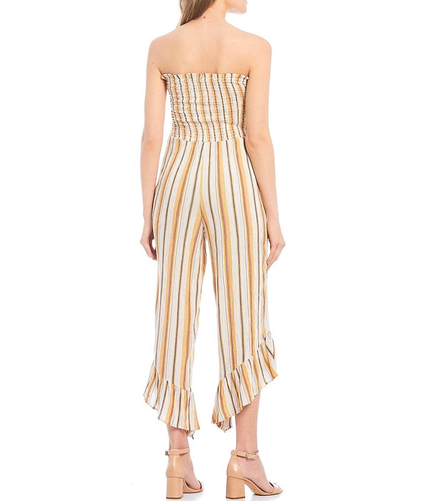 Angie Striped Strapless Smocked Bodice Ruffled Hem Jumpsuit