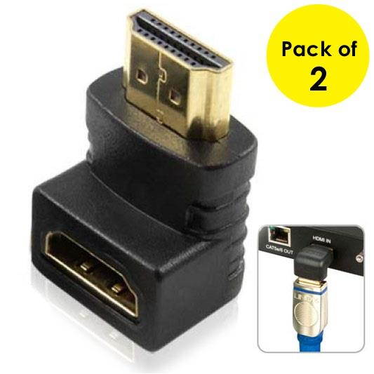 AMZER Right Angle Gold Plated HDMI 19Pin Male to HDMI 19Pin Female Adaptor - Black (Pack of 2)