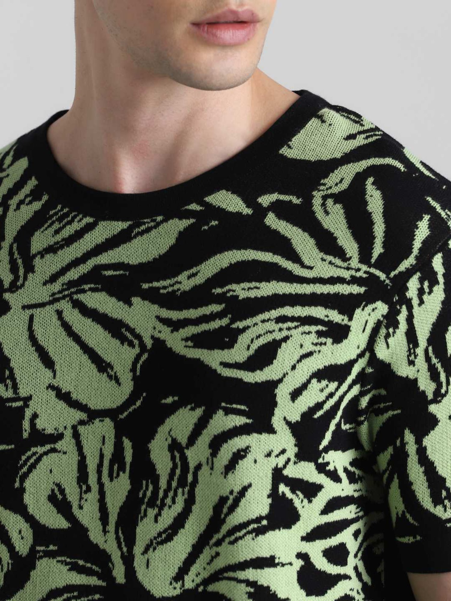 Jack & Jones Jet Black Cotton Slim Fit Self Pattern Sweater