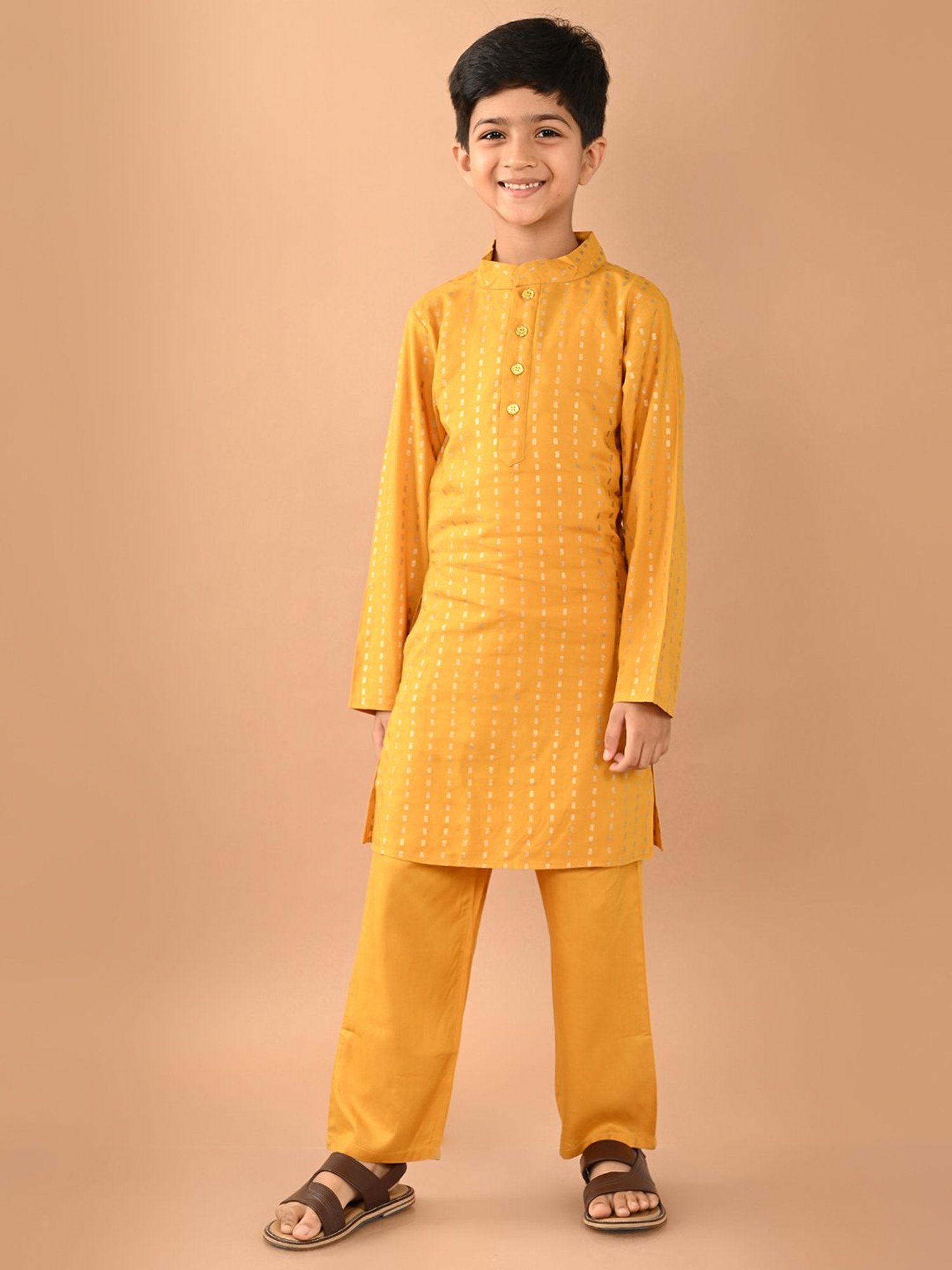 LilPicks Kids Mustard Striped Full Sleeves Kurta With Pyjamas
