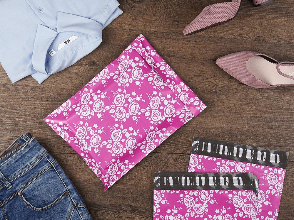 Metronic 100 Pcs 10x13" Poly Mailer Envelopes Shipping Bags of Pink+White Rose Design with Self Adhesive, Waterproof and Tear-proof Postal Printed Bags