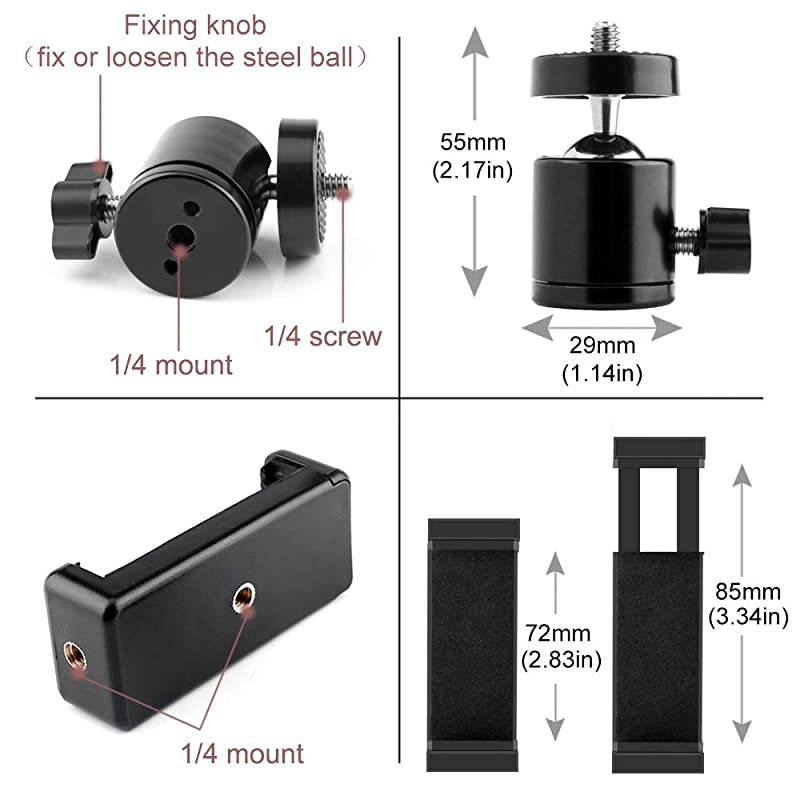 Phone Holder Clip and Ball Head Adapter Set for Tripod and Selfie Stick with 14 Screw Universal Tripod Mount Camera Tripod Ball Head 360 Degree Swivel Phone Tripod Mount Set