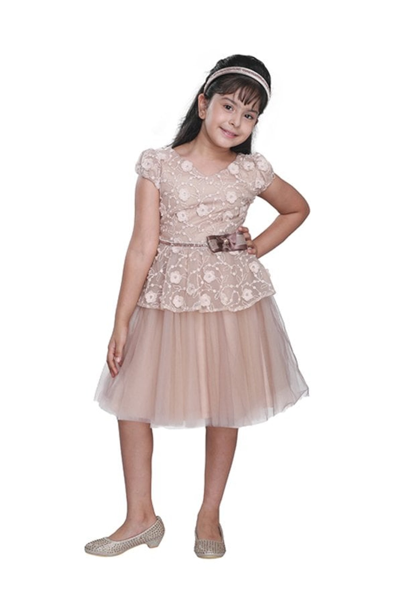 Cutecumber Kids Brown Embroidered Dress With Hairband