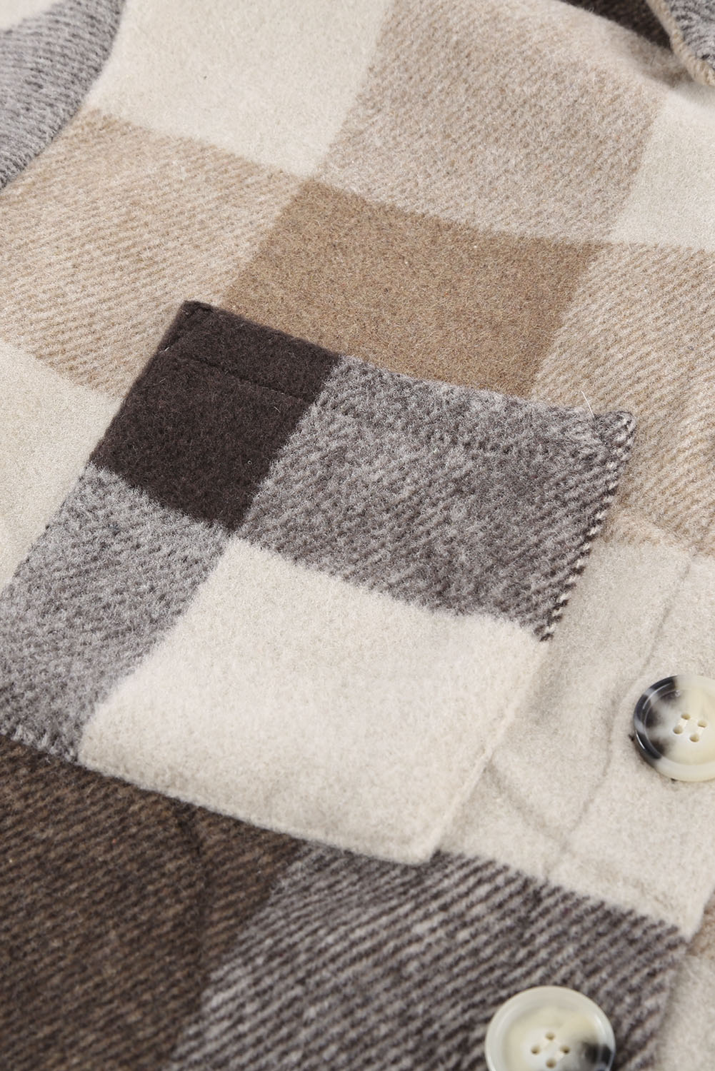 Khaki Plaid Color Block Buttoned Pocketed Shacket