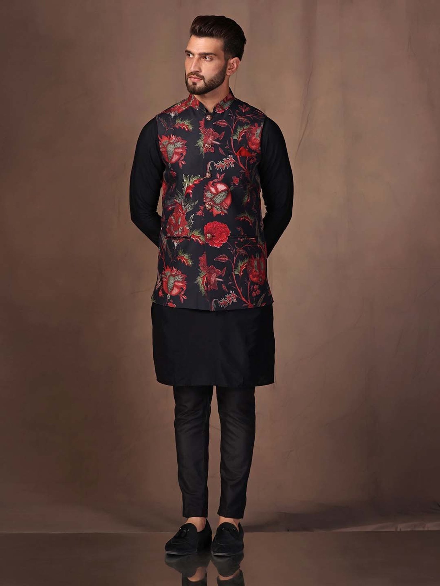 KISAH Black Regular Fit Printed Kurta & Pants With Nehru Jacket